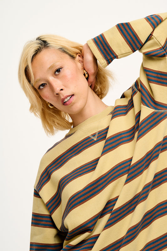 Kai - Midweight Cosy Loop Back Cotton Sweatshirt in Brown & Blue Skater Stripe