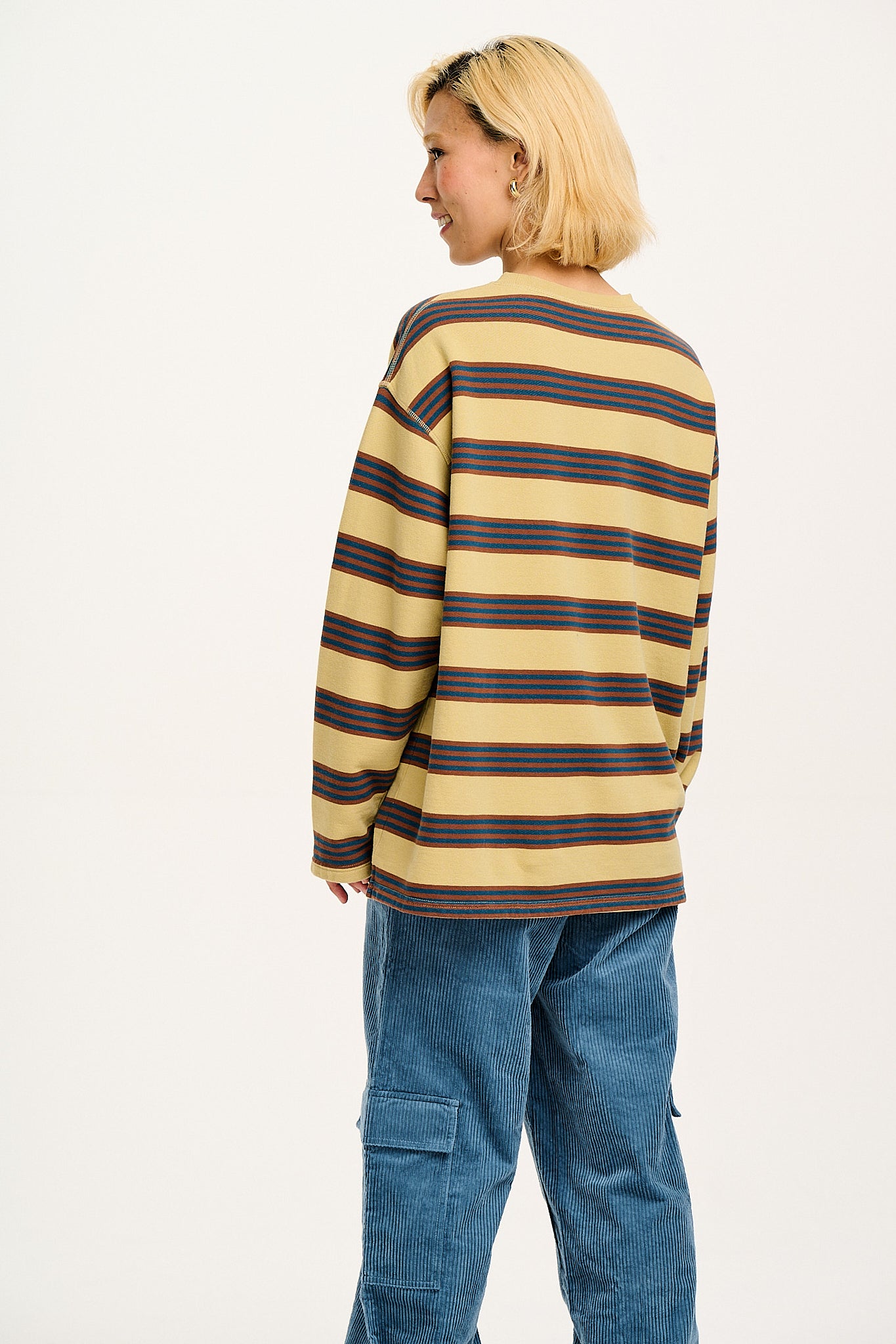 Kai - Midweight Cosy Loop Back Cotton Sweatshirt in Brown & Blue Skater Stripe