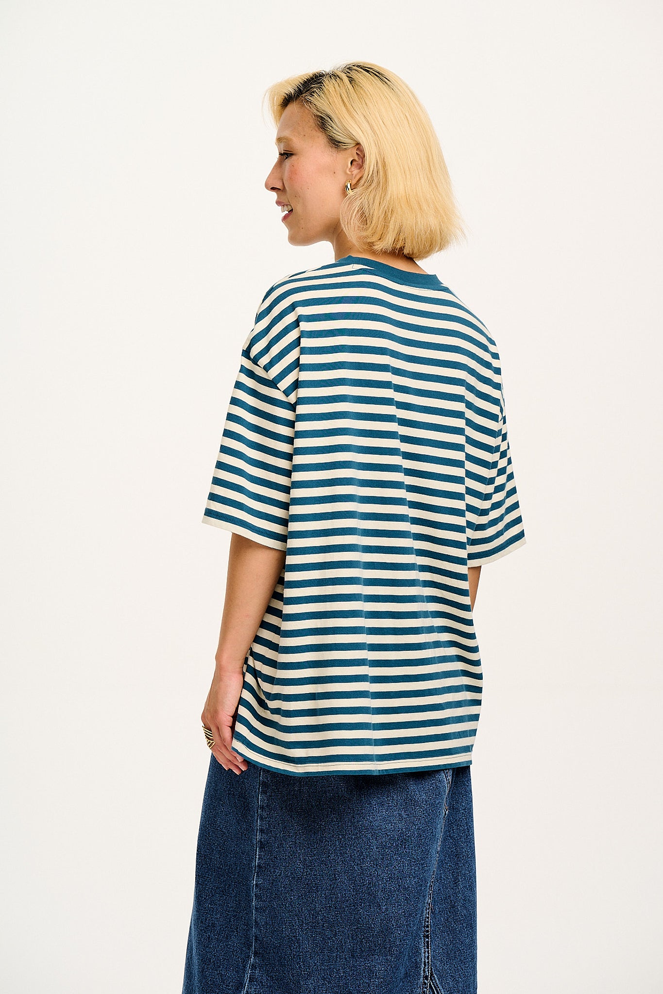 Benny - Oversized Cotton Tee in Blue & Ecru Stripe