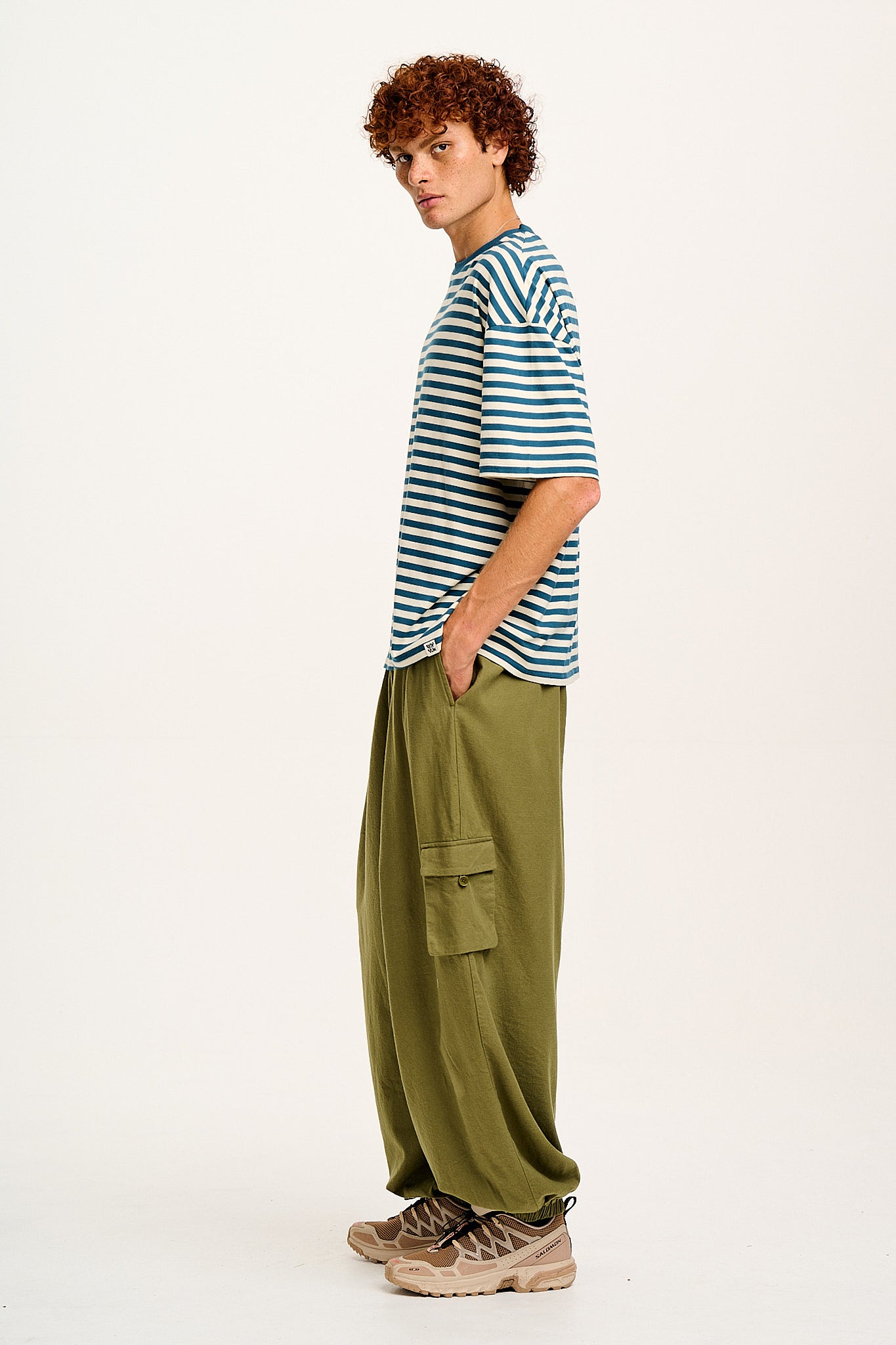 Benny - Oversized Cotton Tee in Blue & Ecru Stripe