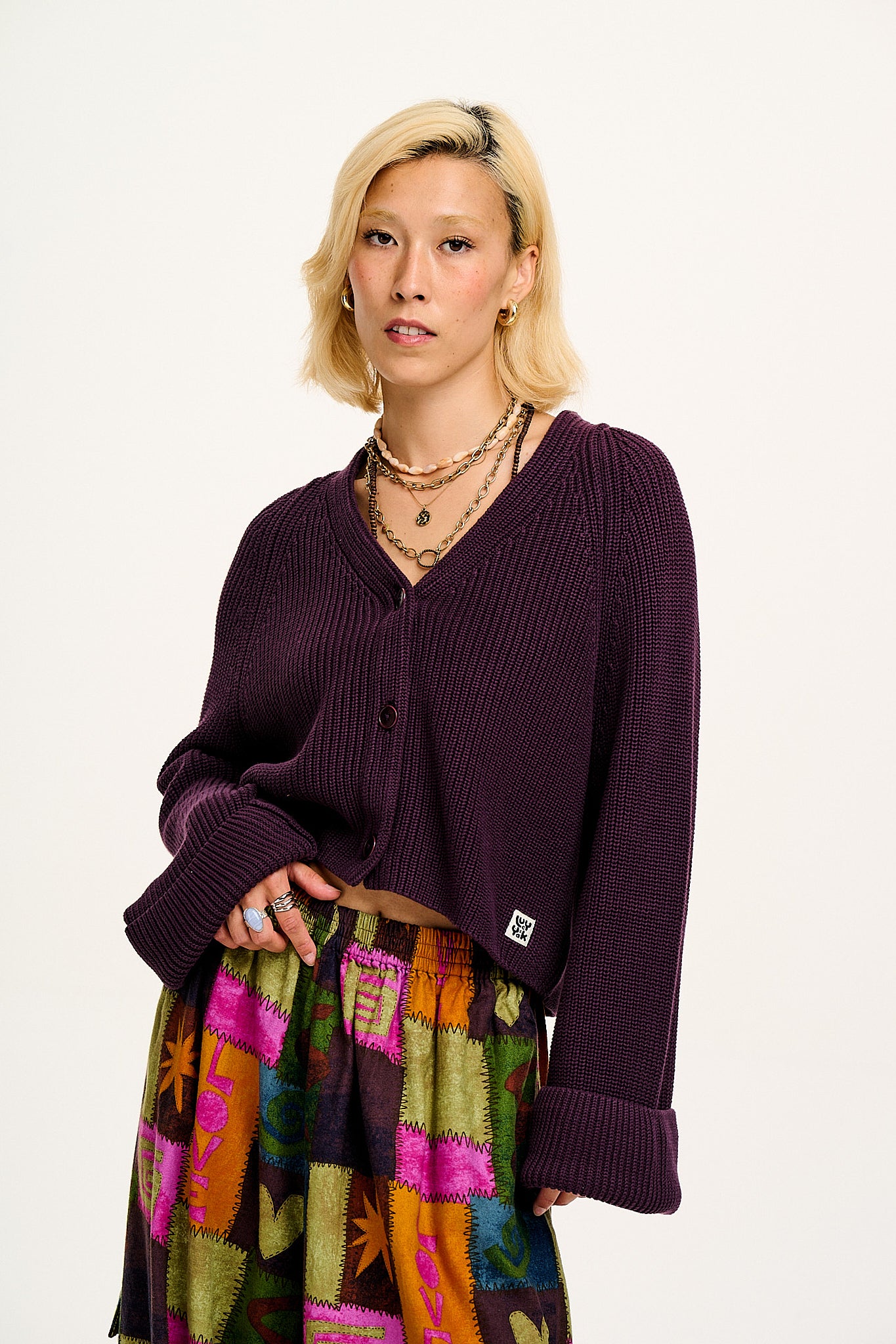 Robyn - V-Neck Cotton Cardigan in Plum