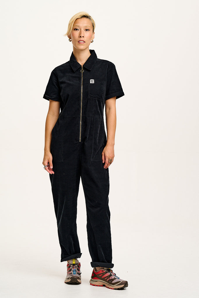 Rex - Short Sleeve Needlecord Jumpsuit in Black