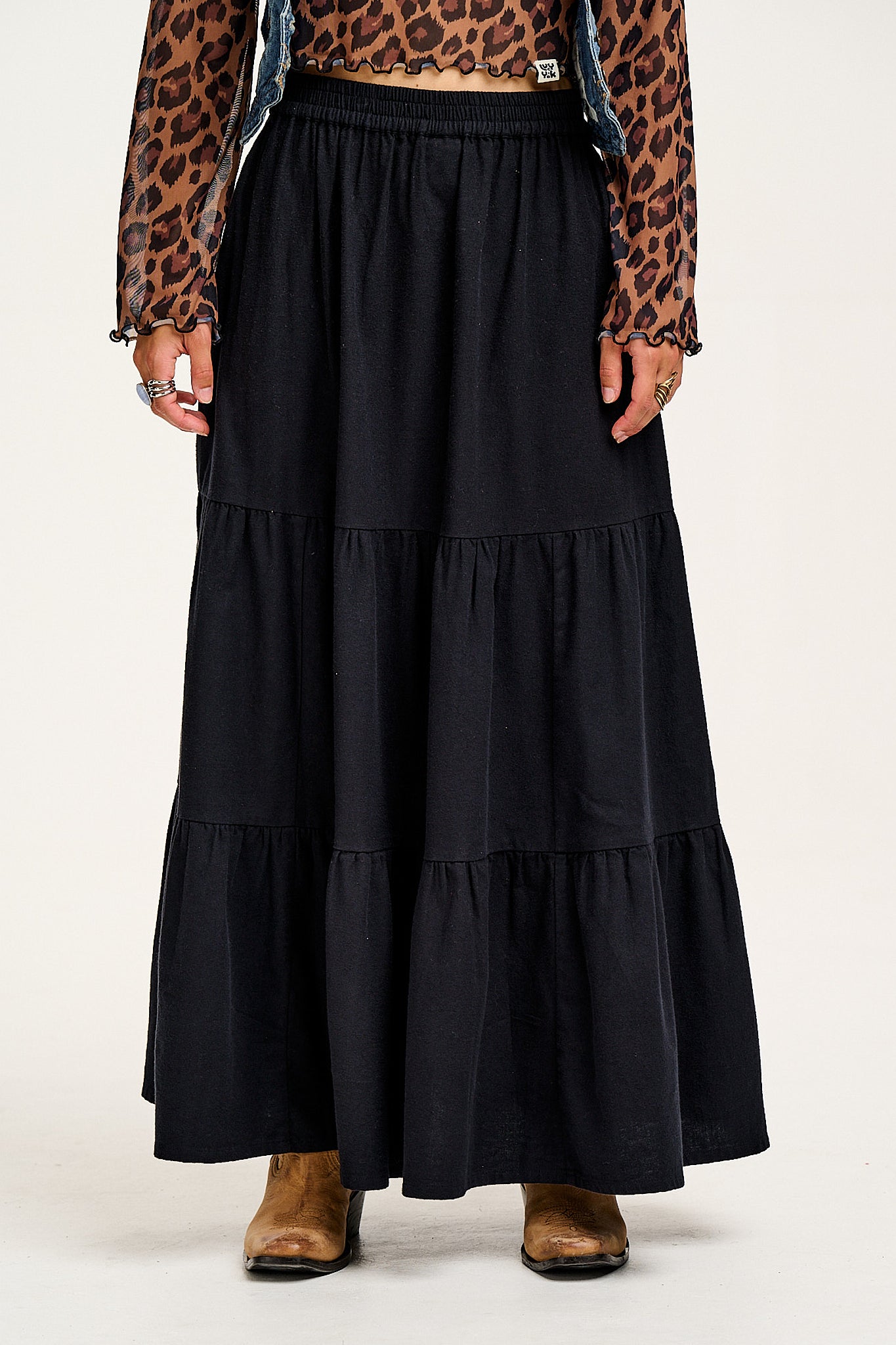 Brie - Elasticated Maxi Cotton Skirt in Black