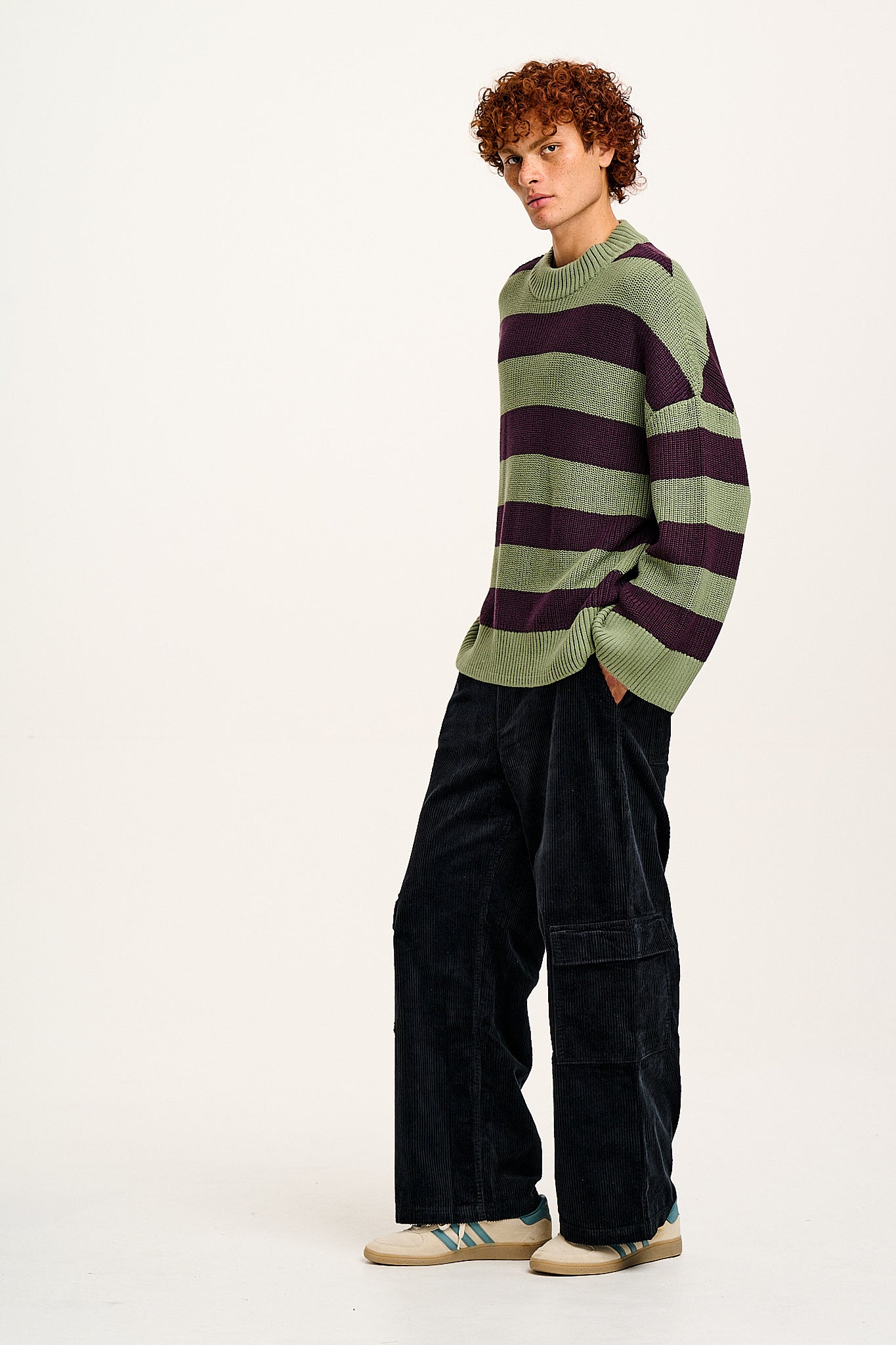 Amari - Oversized Knitted Jumper in Green & Purple Stripe