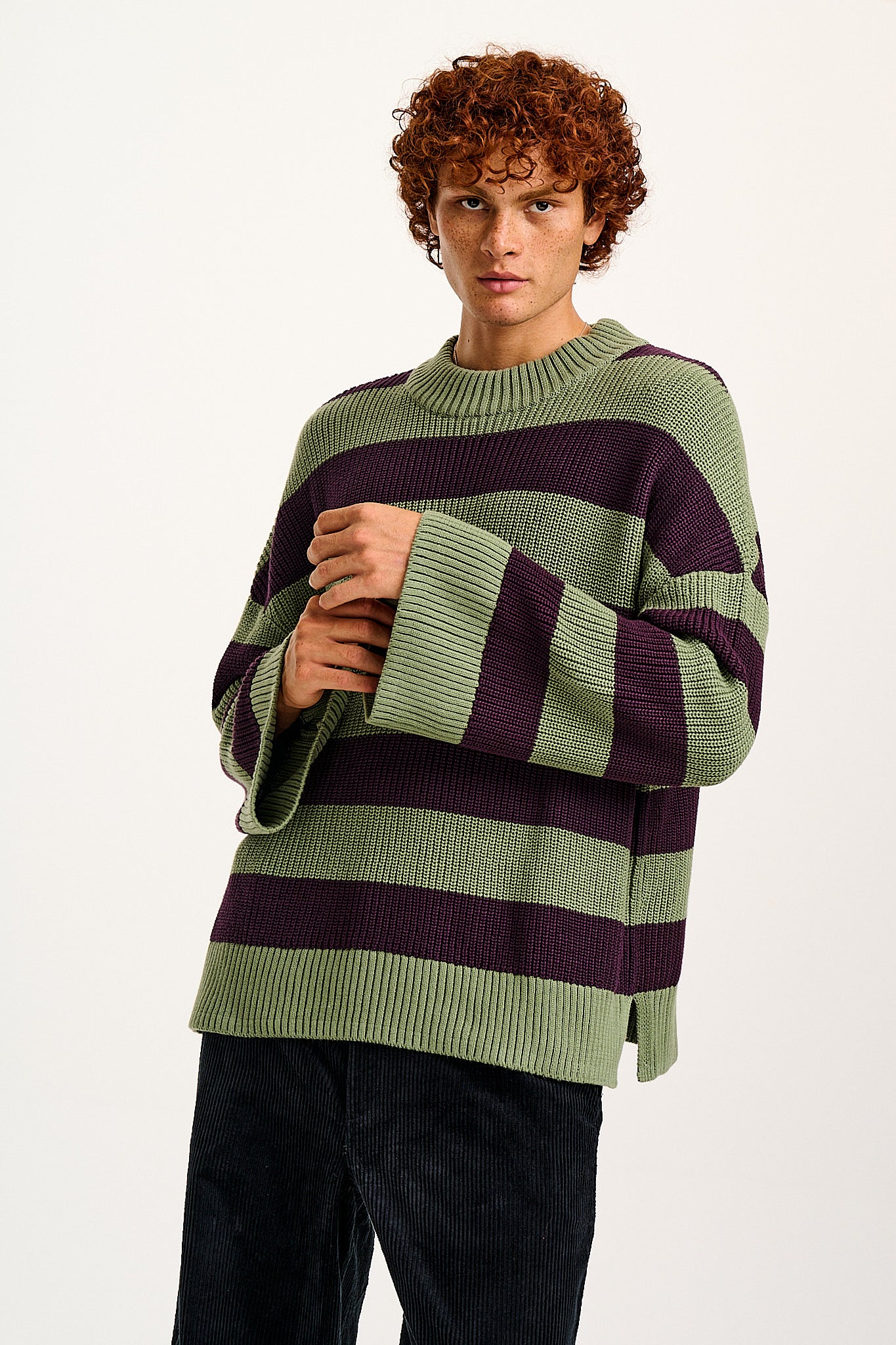 Amari - Oversized Knitted Jumper in Green & Purple Stripe