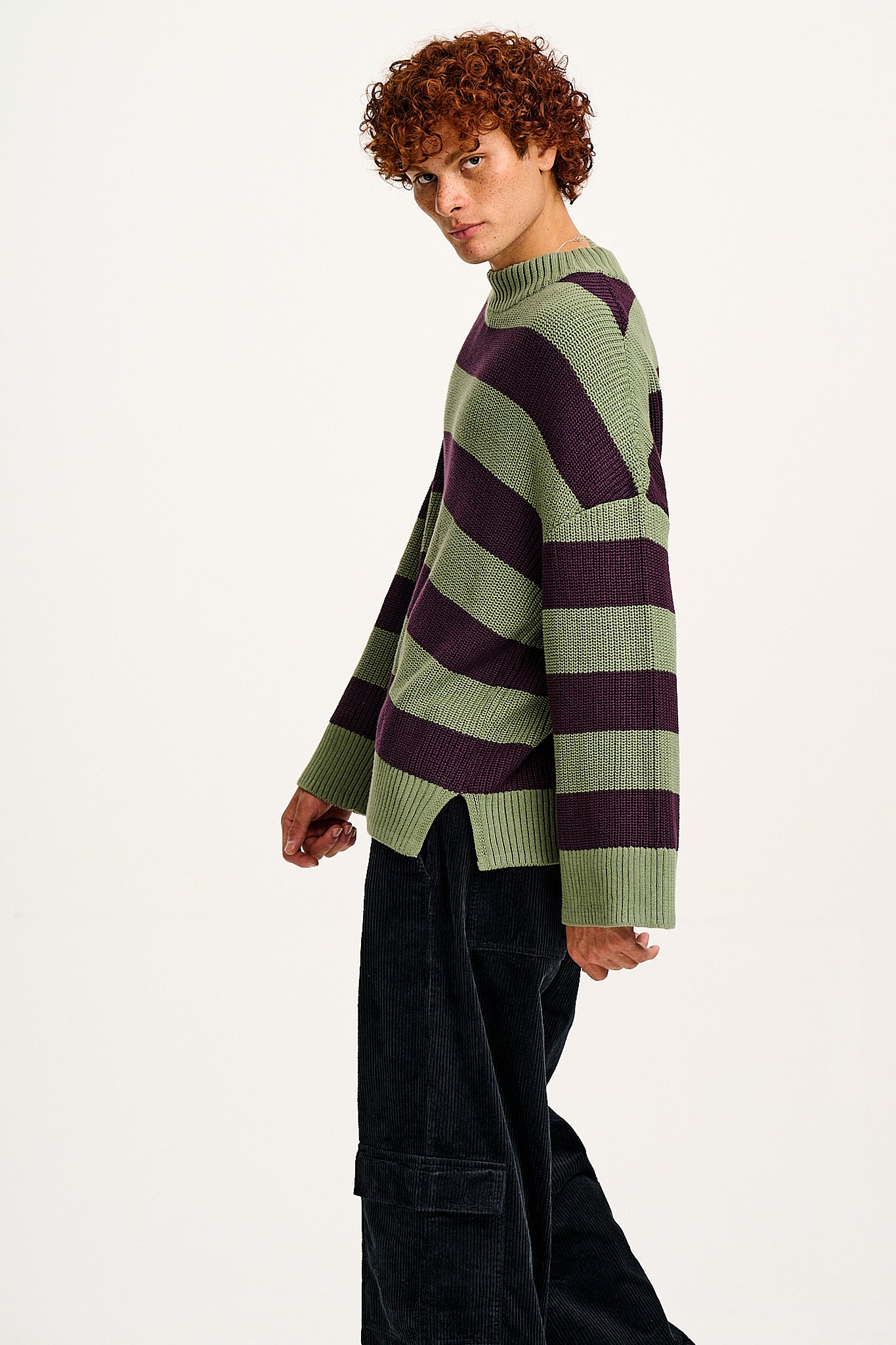 Amari - Oversized Knitted Jumper in Green & Purple Stripe