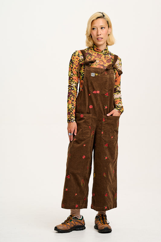 Jenny - Wide Leg Corduroy Dungaree with Cocoa Bella Embroidery