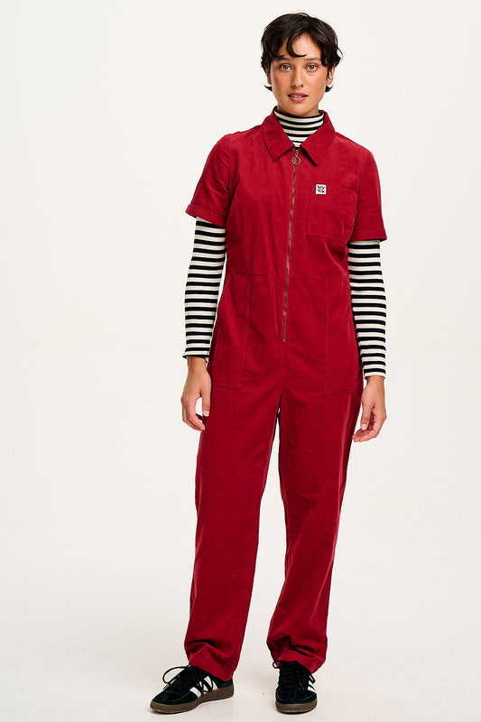 Rex - Short Sleeve Corduroy Jumpsuit in Dahlia Red