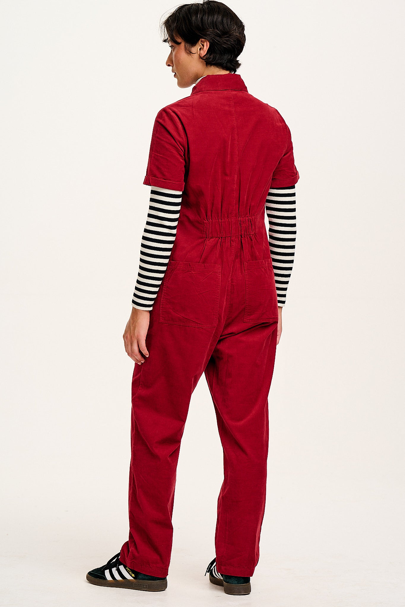 Rex - Short Sleeve Corduroy Jumpsuit in Dahlia Red