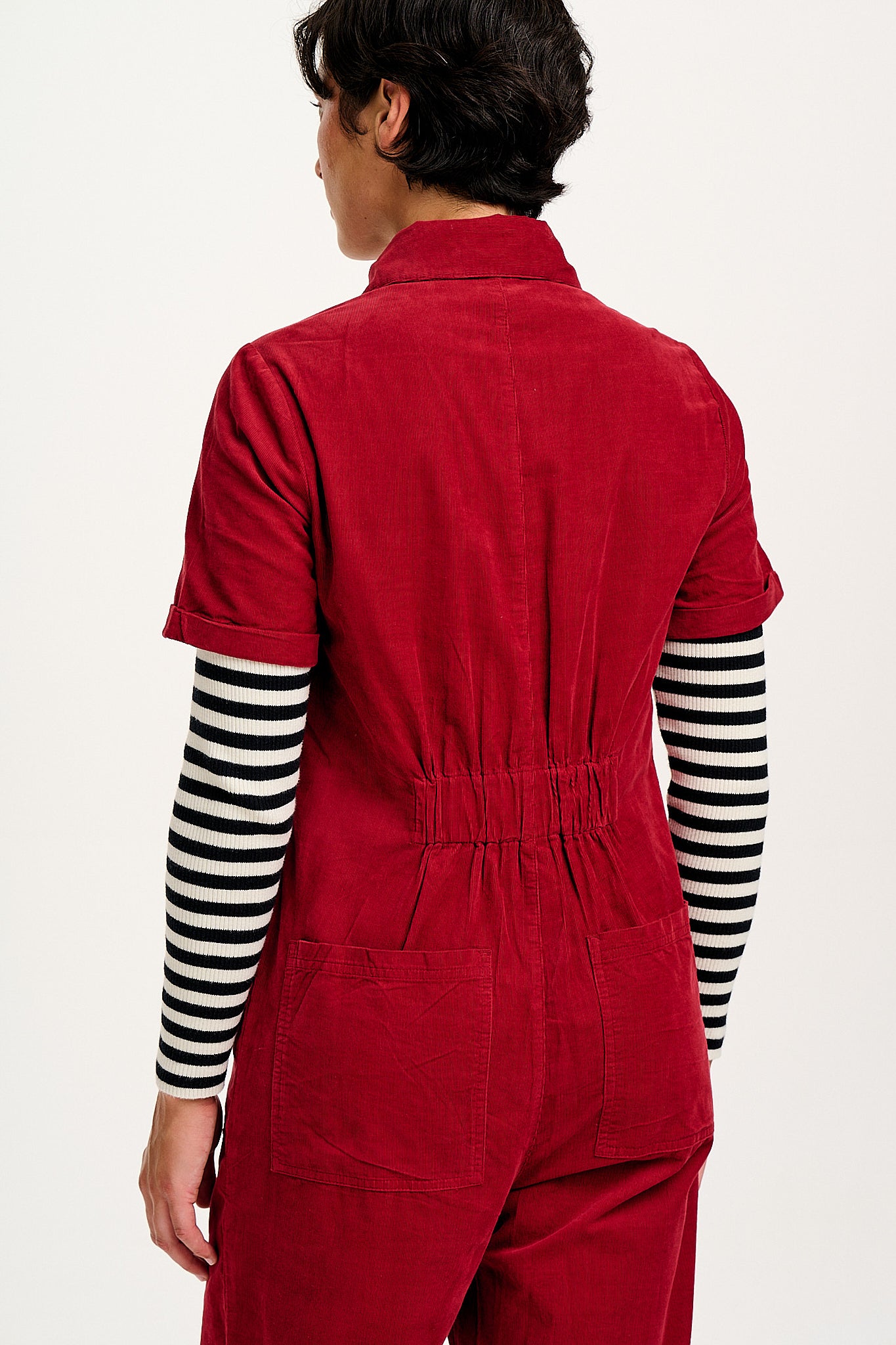 Rex - Short Sleeve Corduroy Jumpsuit in Dahlia Red