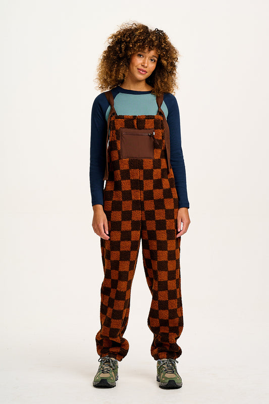 Baloo - Borg Fleece Dungarees in Terry Brown Check Print