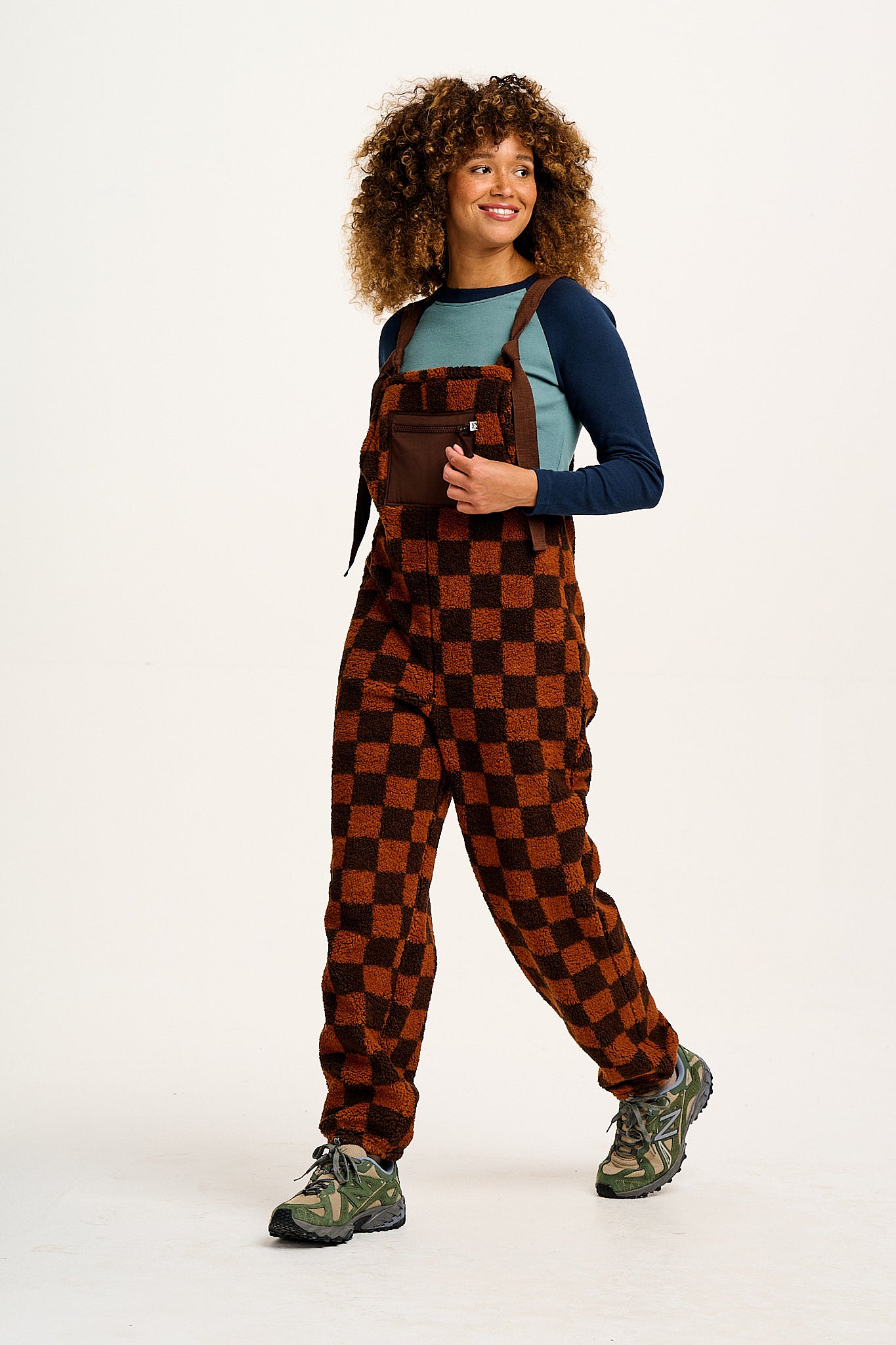 Baloo - Borg Fleece Dungarees in Terry Brown Check Print