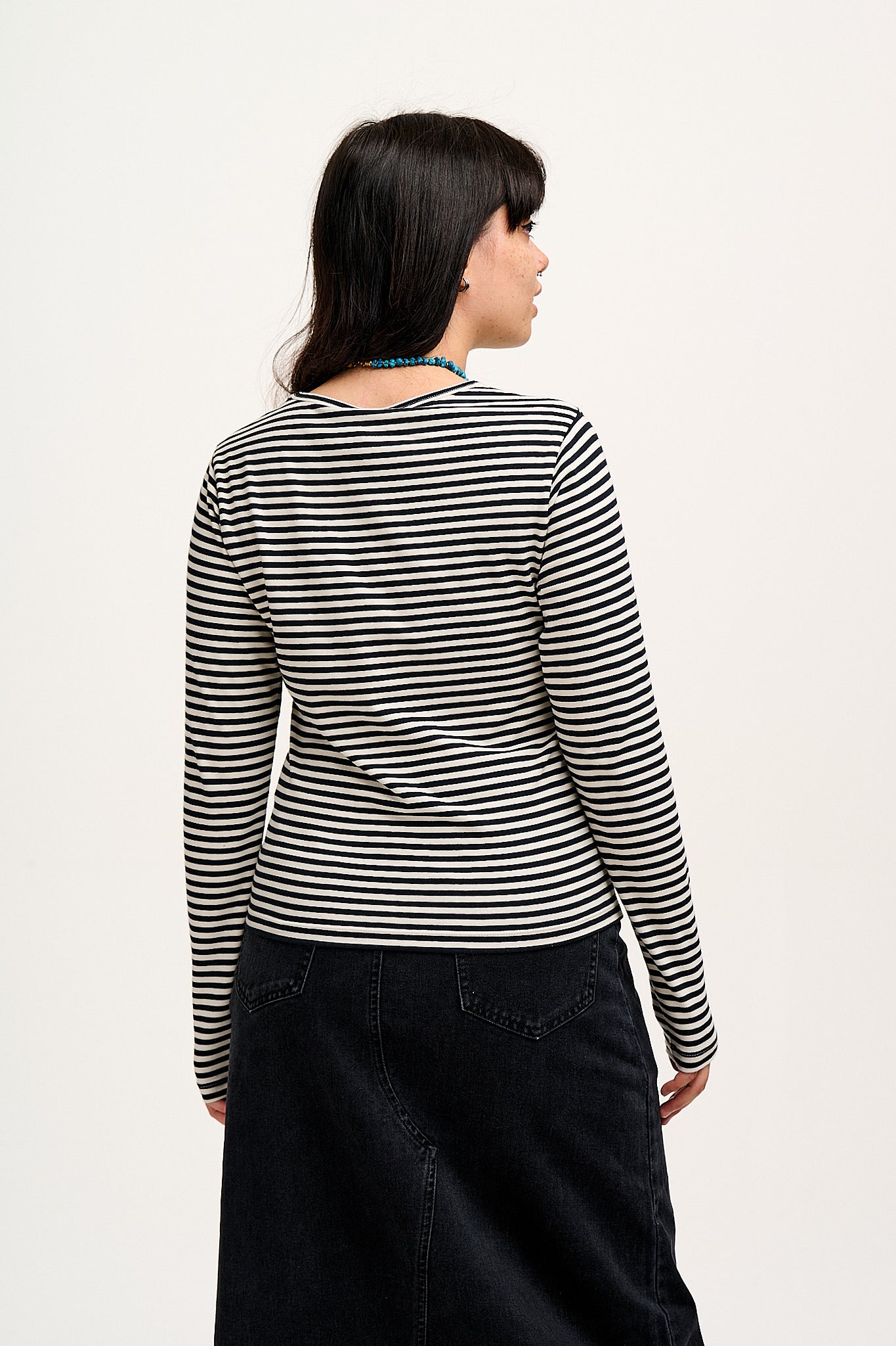 Rey - Long Sleeve Cotton Top in Black & White Stripe