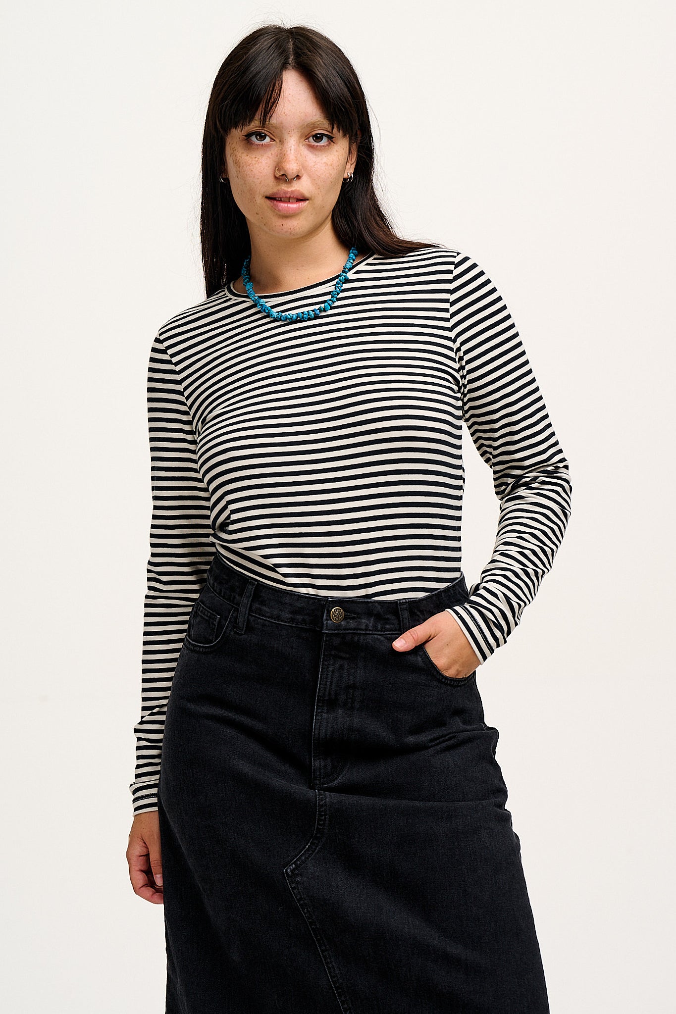 Rey - Long Sleeve Cotton Top in Black & White Stripe