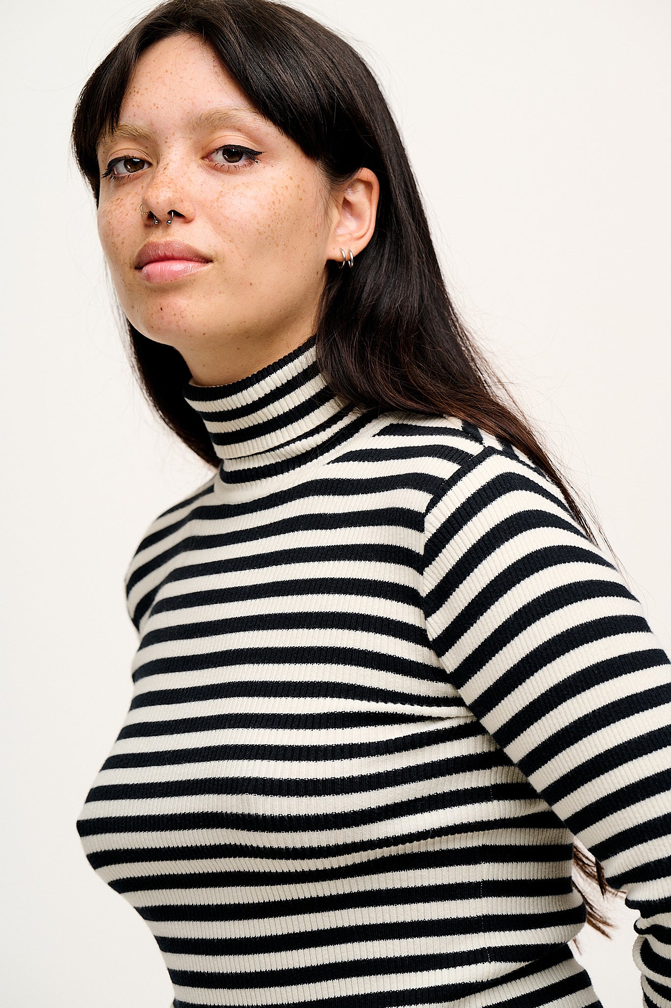 Aiden - Roll Neck Knitted Cotton Top in Black & White Stripe