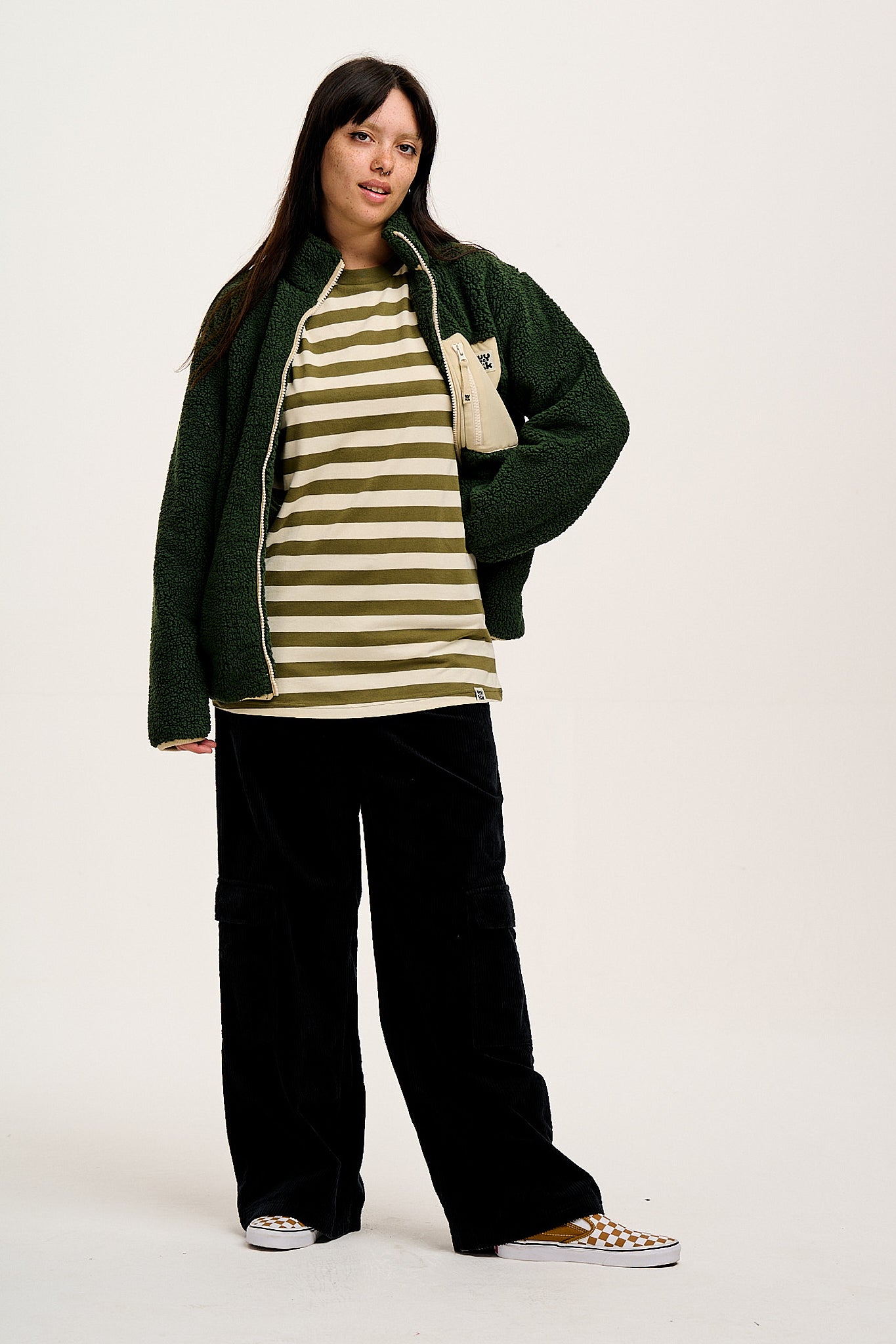 Kenny - Long Sleeve Skater Cotton Tee in Green & Ecru Stripe