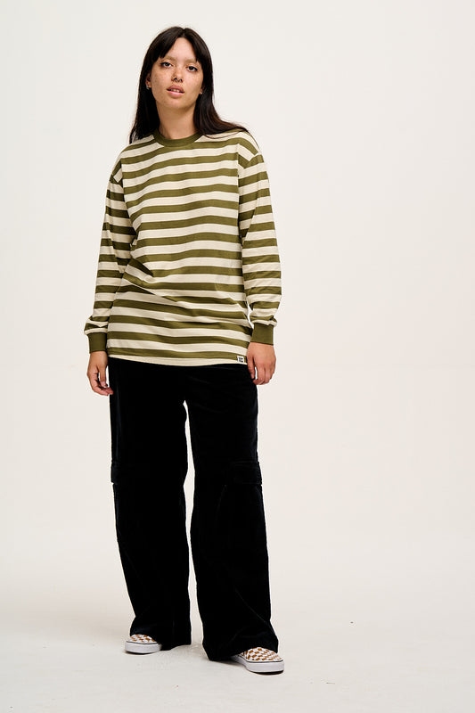 Kenny - Long Sleeve Skater Cotton Tee in Green & Ecru Stripe