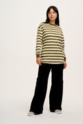 Kenny - Long Sleeve Skater Cotton Tee in Green & Ecru Stripe