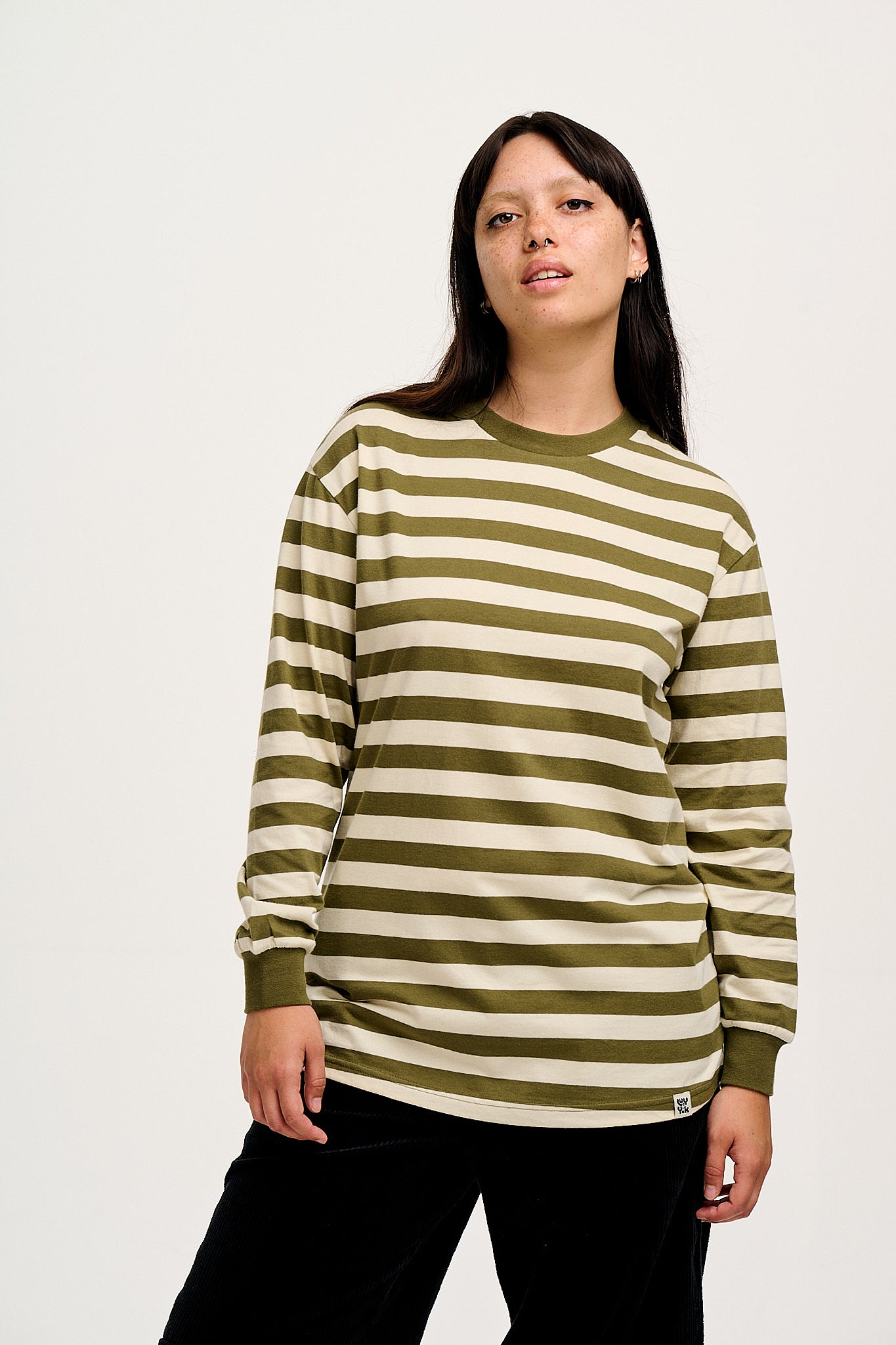 Kenny - Long Sleeve Skater Cotton Tee in Green & Ecru Stripe