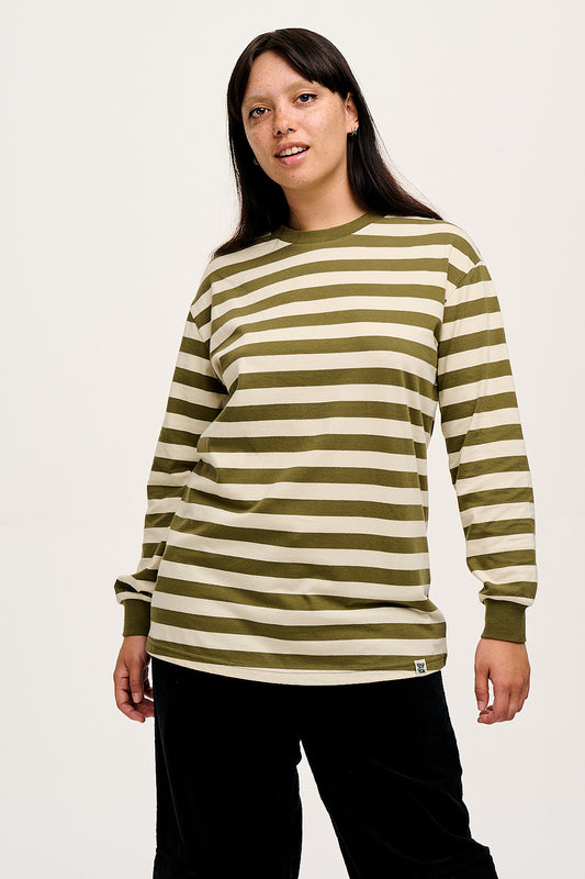 Kenny - Long Sleeve Skater Cotton Tee in Green & Ecru Stripe