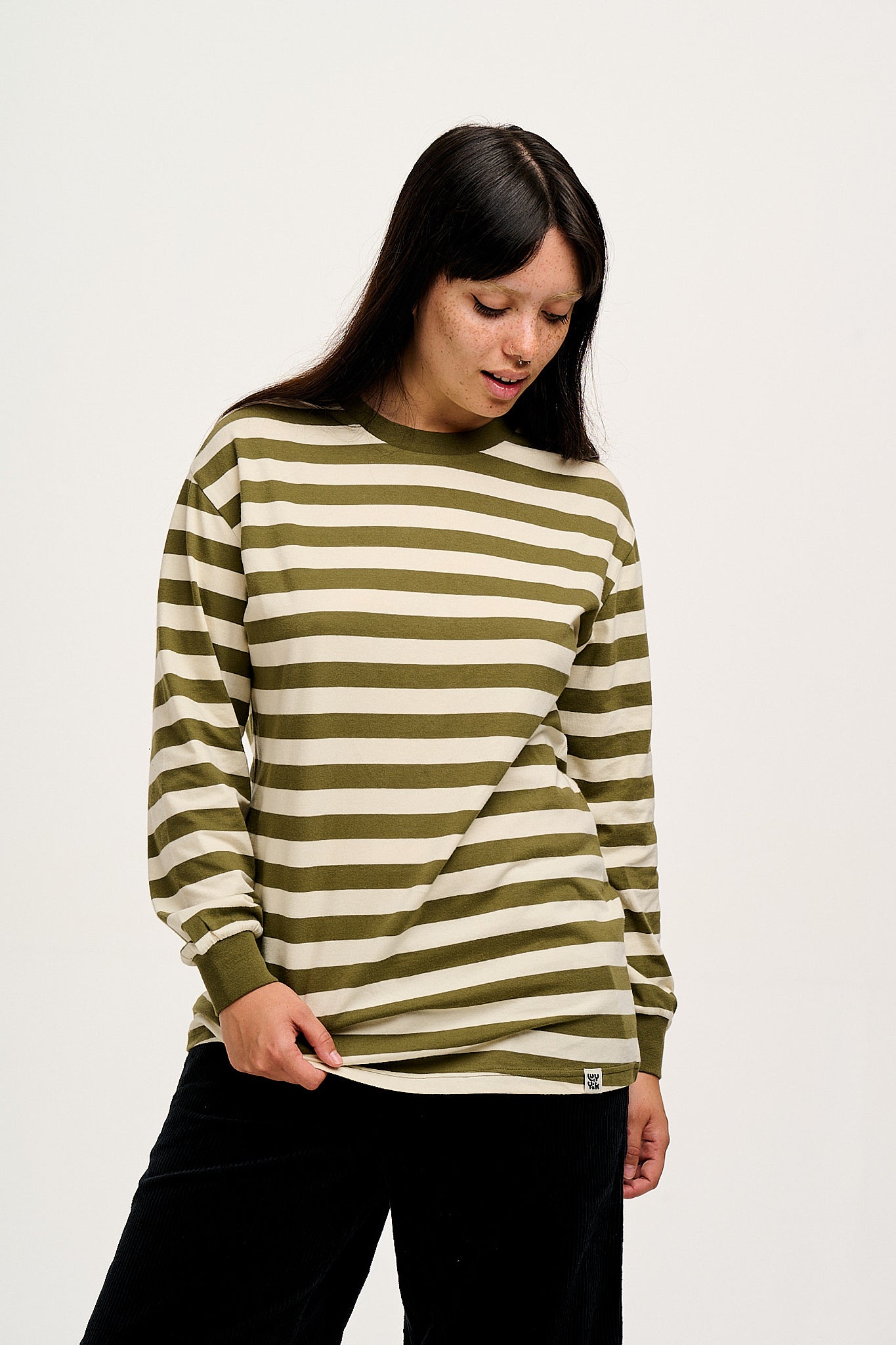 Kenny - Long Sleeve Skater Cotton Tee in Green & Ecru Stripe