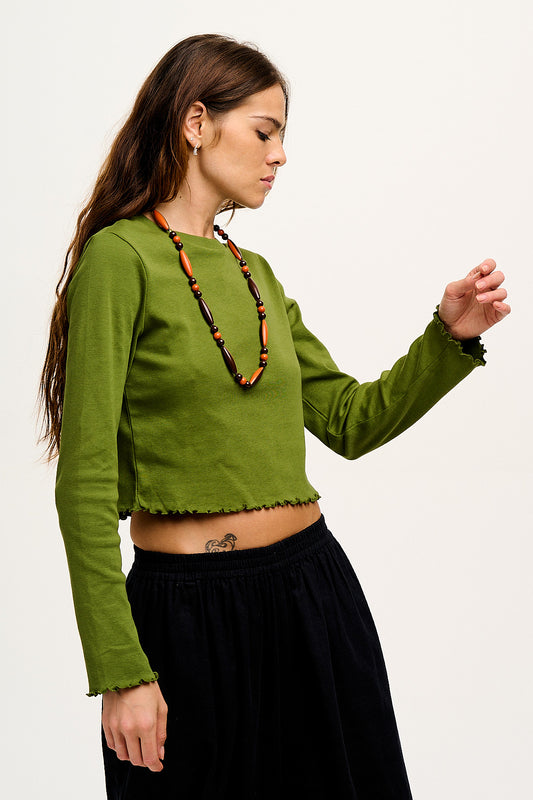 Hansel - Long Sleeve Cotton Crop Top in Pesto Green