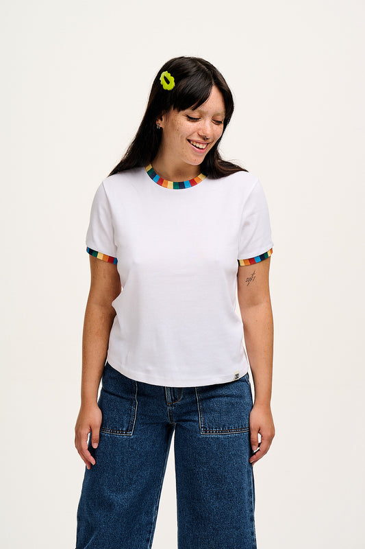 Maya - Cotton Tee in White Rainbow Print