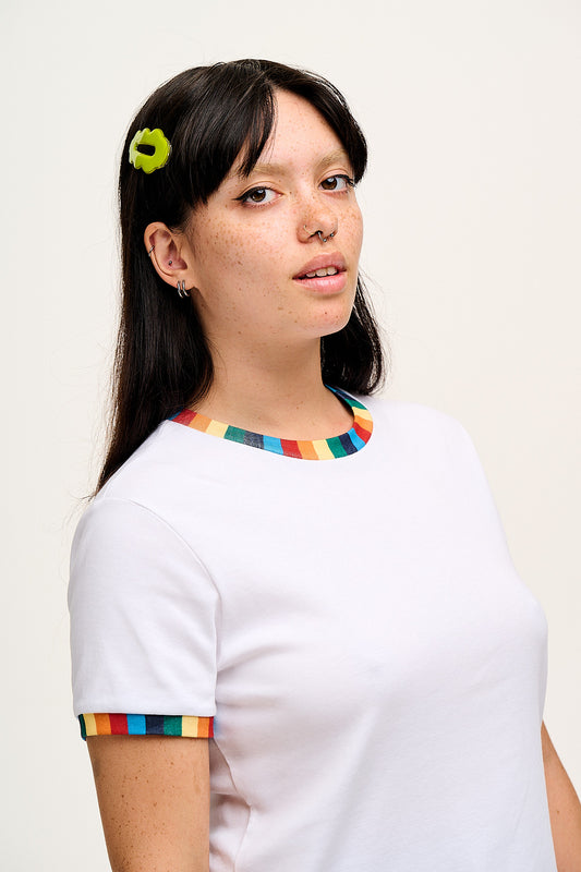 Maya - Cotton Tee in White Rainbow Print