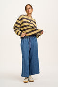 Chuck - Wide Leg Cotton & Hemp Trousers in Mid Wash Blue