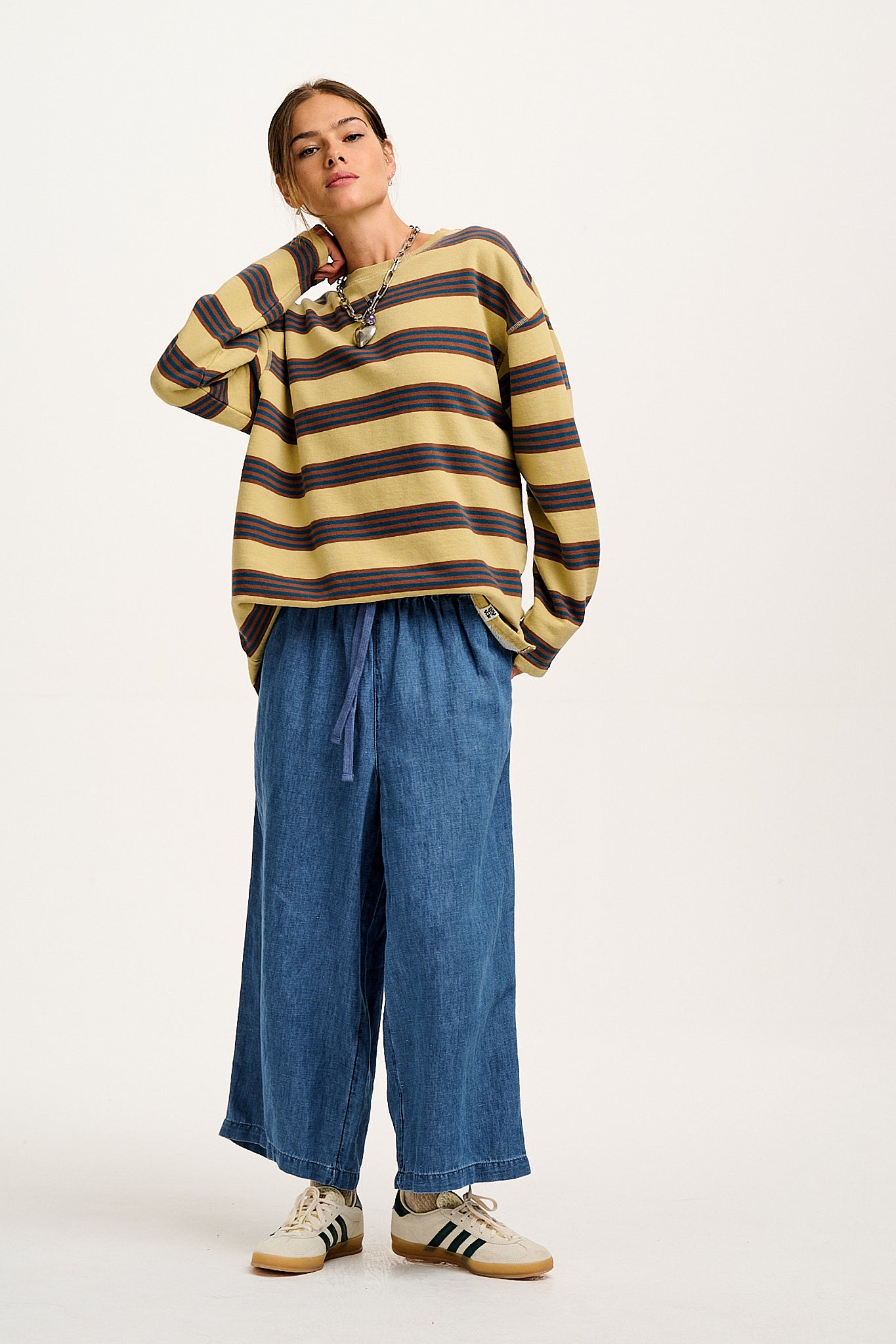 Chuck - Wide Leg Cotton & Hemp Trousers in Mid Wash Blue