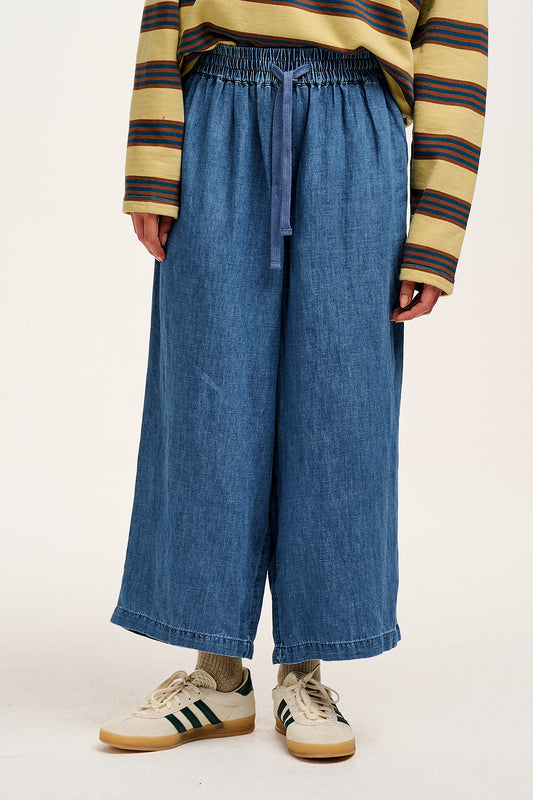 Chuck - Wide Leg Cotton & Hemp Trousers in Mid Wash Blue