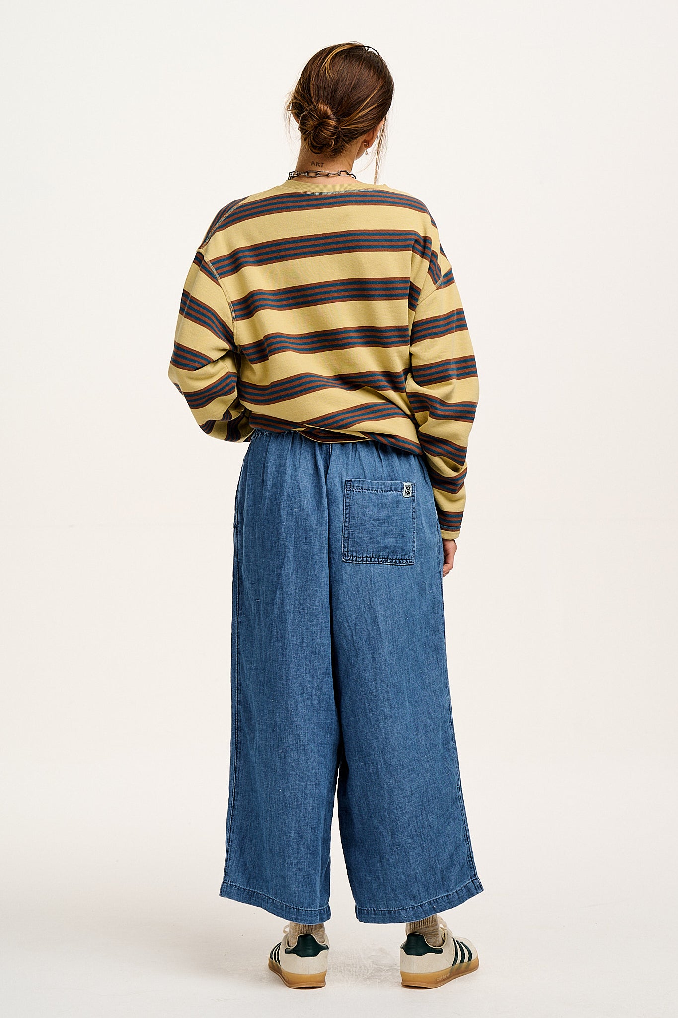 Chuck - Wide Leg Cotton & Hemp Trousers in Mid Wash Blue