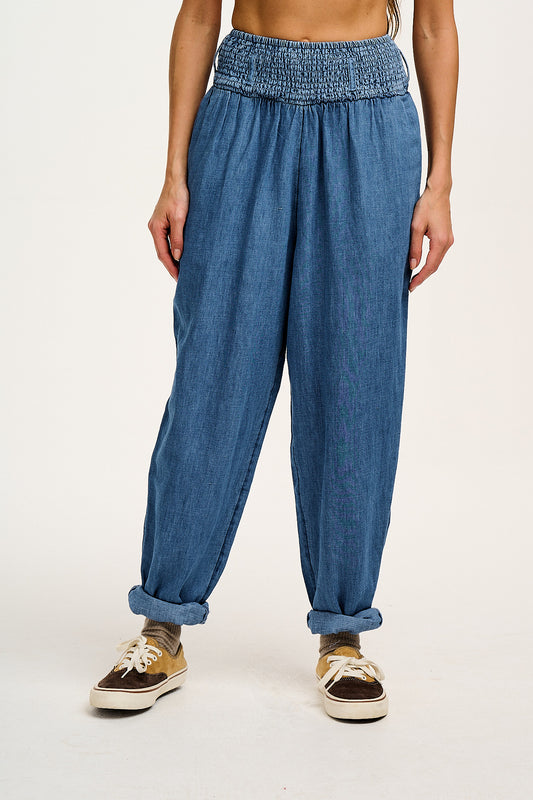 Alexa - Cotton & Hemp Trousers in Mid Wash Blue