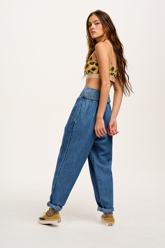 Alexa - Cotton & Hemp Trousers in Mid Wash Blue