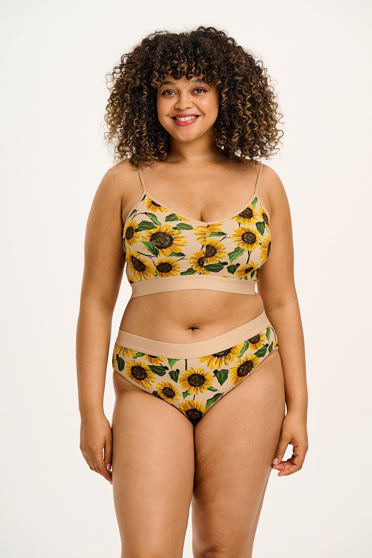 Cora - Cotton & Bamboo Bikini Pant in Cream Sunflower Print