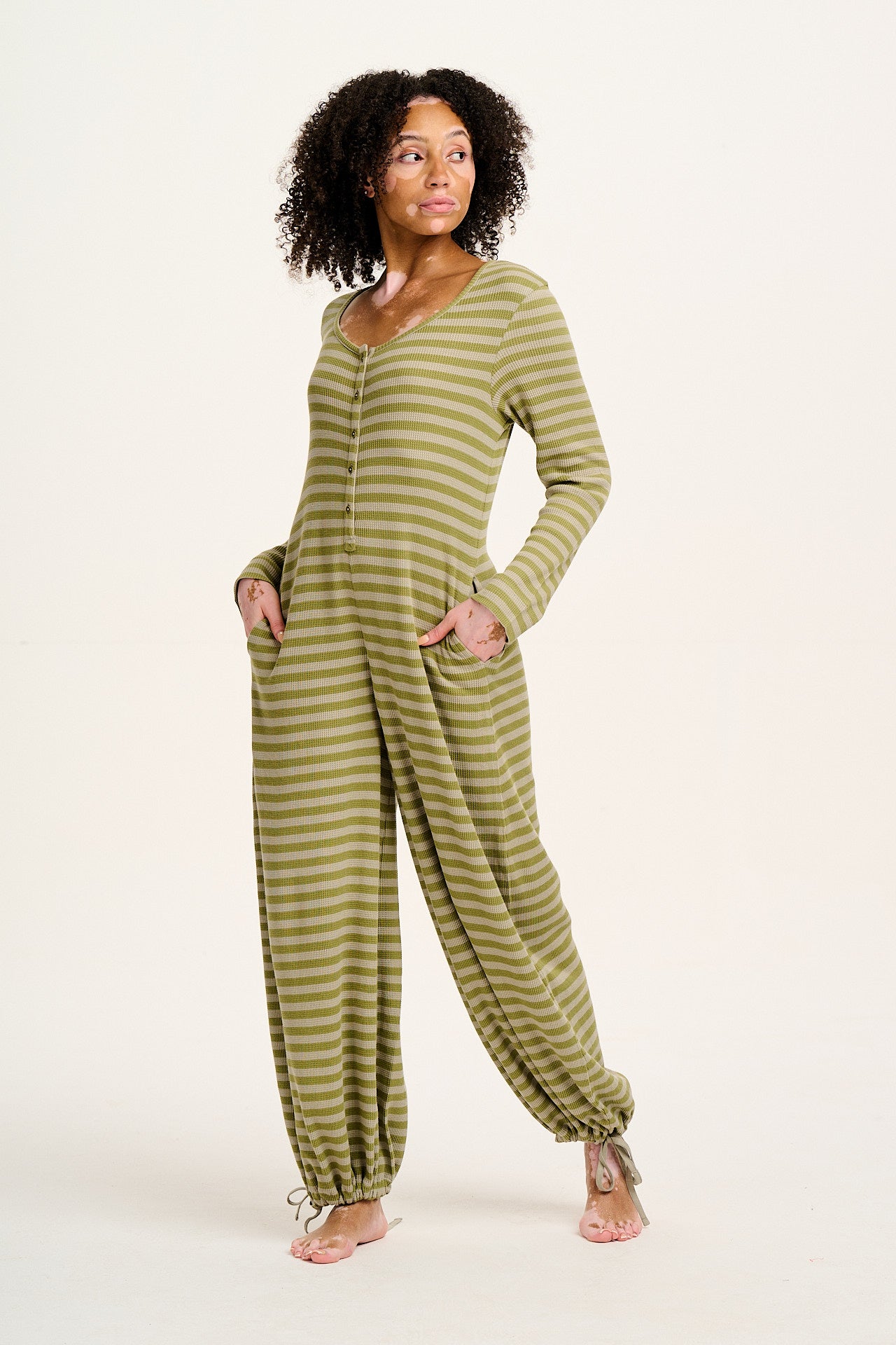 Eli Relaxed Waffle Jumpsuit in Green Stripe Lucy Yak