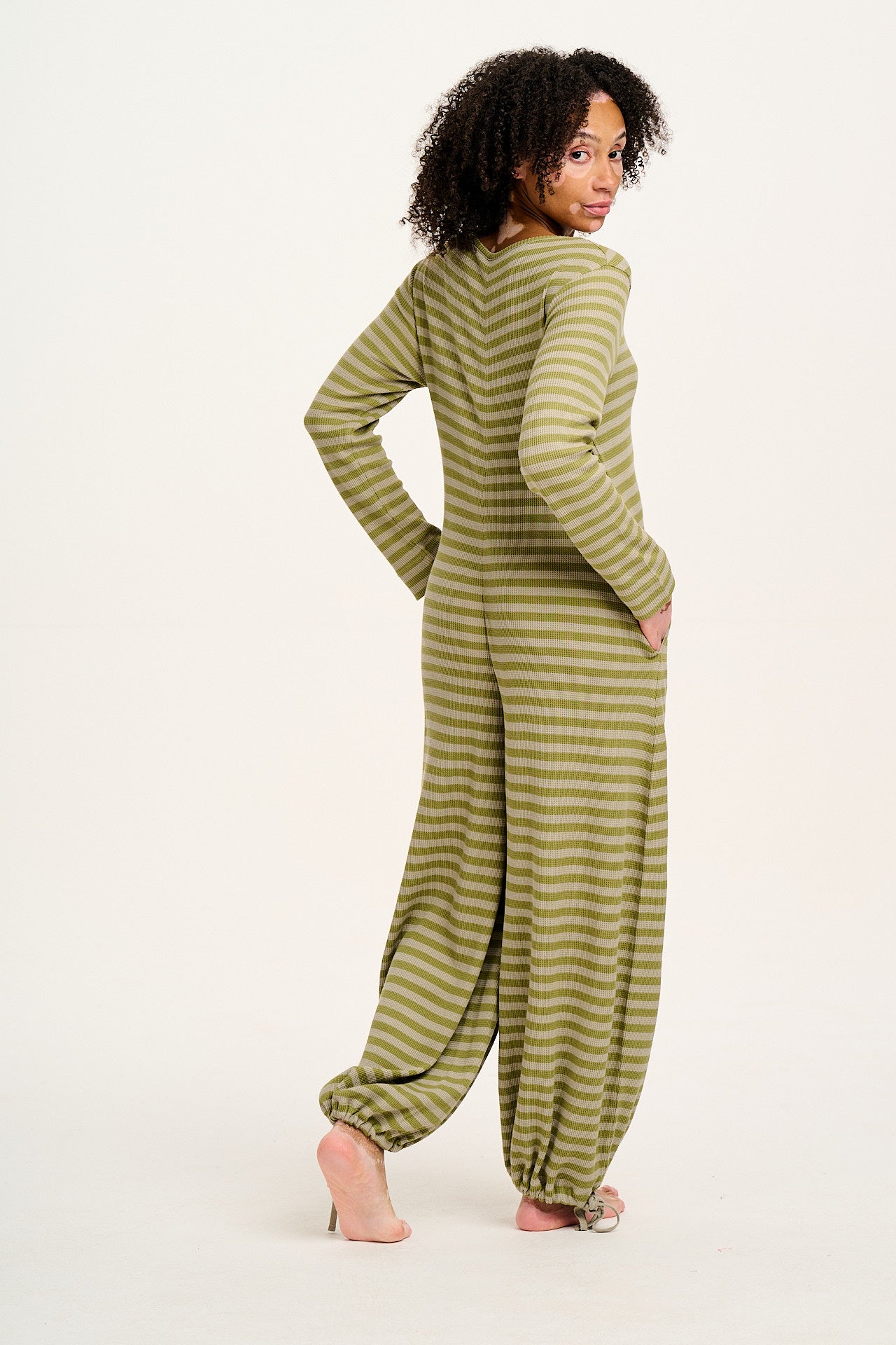 Eli - Relaxed Waffle Jumpsuit in Green Stripe