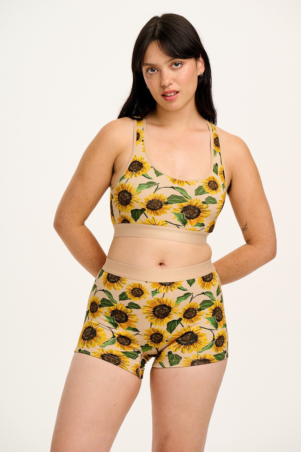 Iona - Racer Back Cotton & Bamboo Crop Top in Cream Sunflower Print