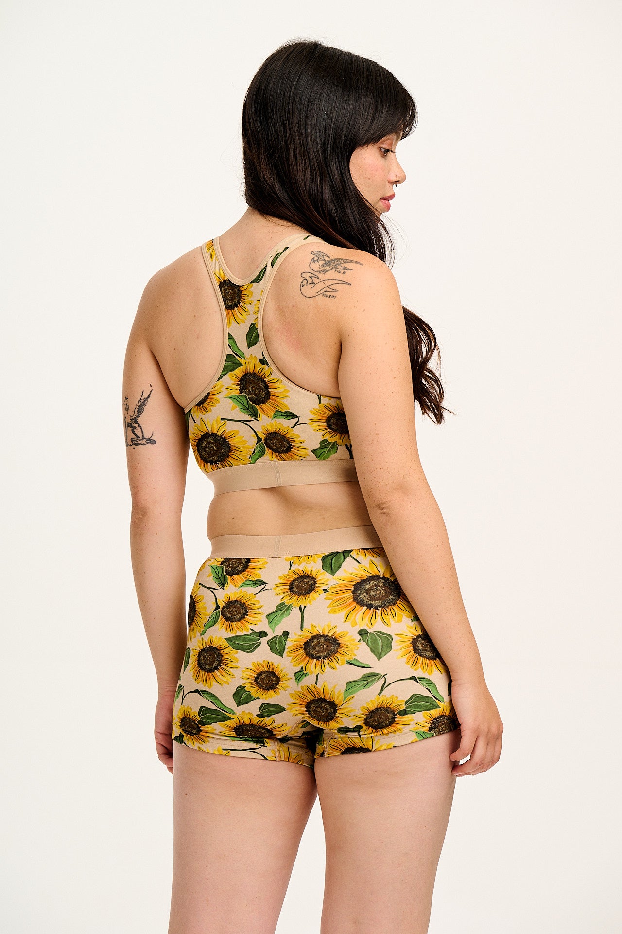 Iona - Racer Back Cotton & Bamboo Crop Top in Cream Sunflower Print