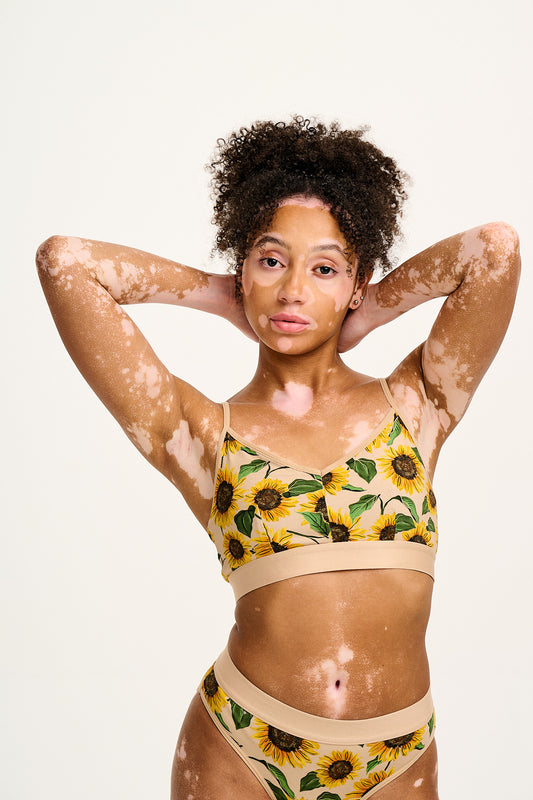 Ruby - Crop Top Cotton & Bamboo Bralette in Cream Sunflower Print