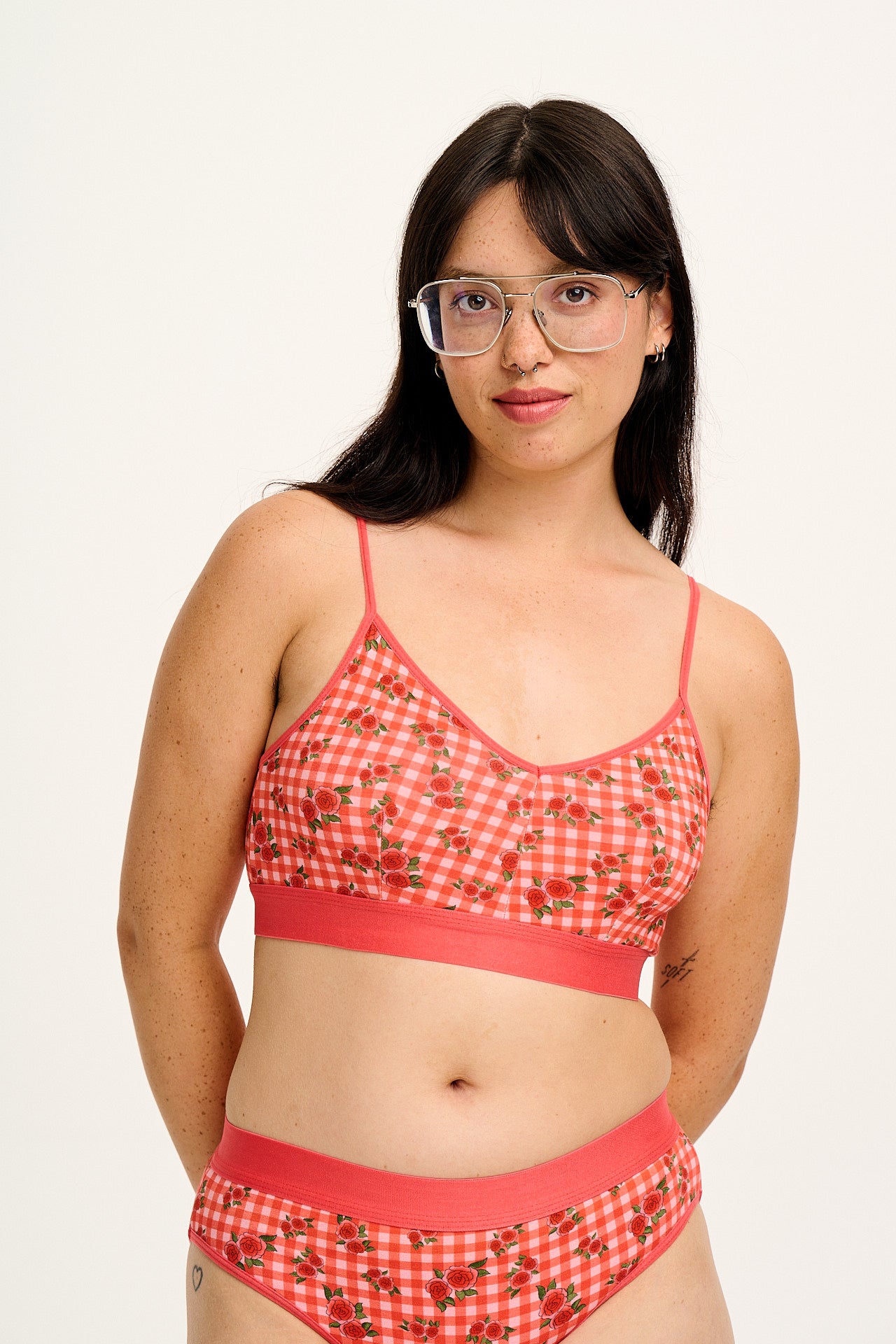 Ruby - Crop Top Cotton & Bamboo Bralette in Pink Check Rosalind Print