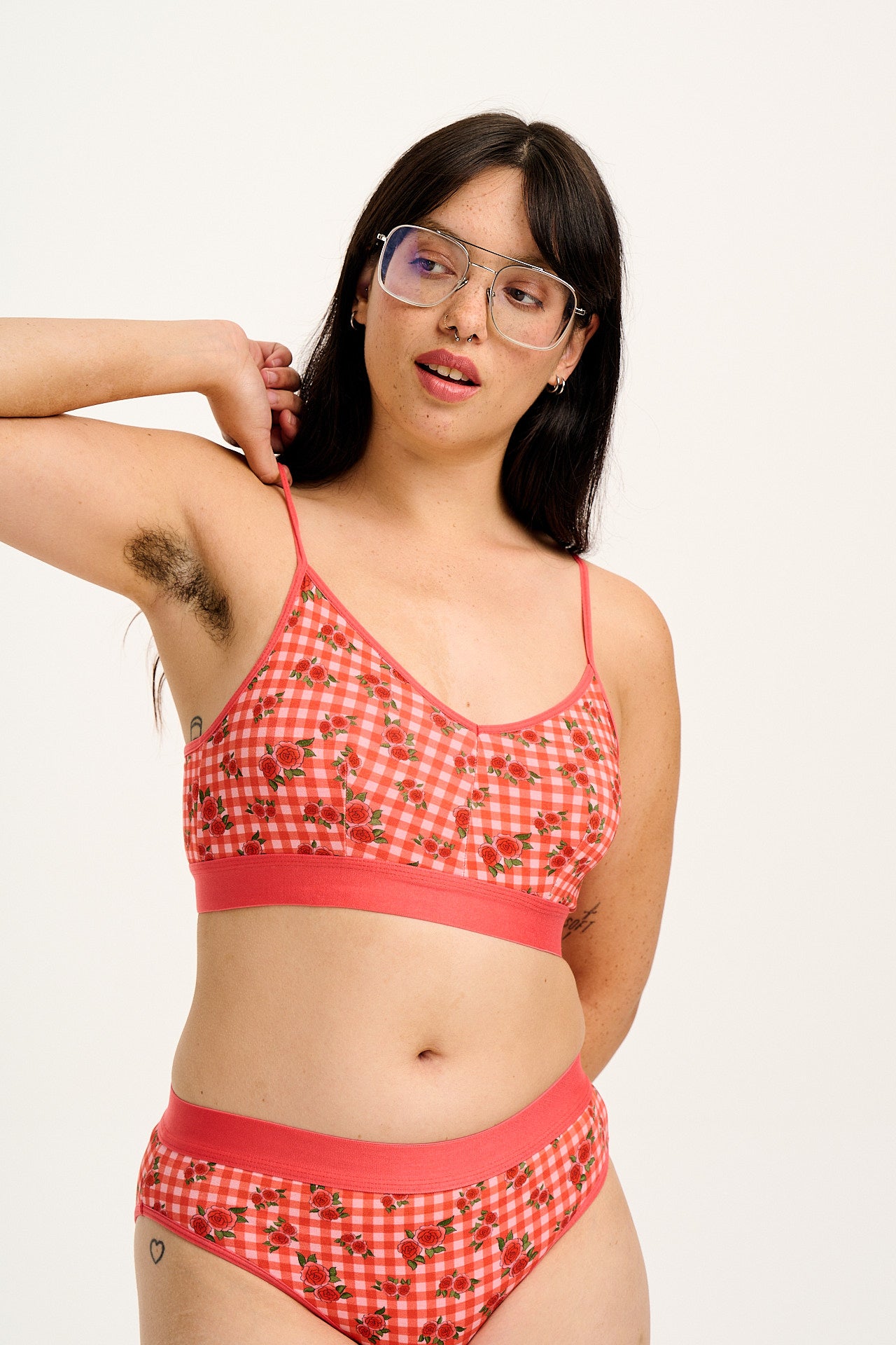 Ruby - Crop Top Cotton & Bamboo Bralette in Pink Check Rosalind Print