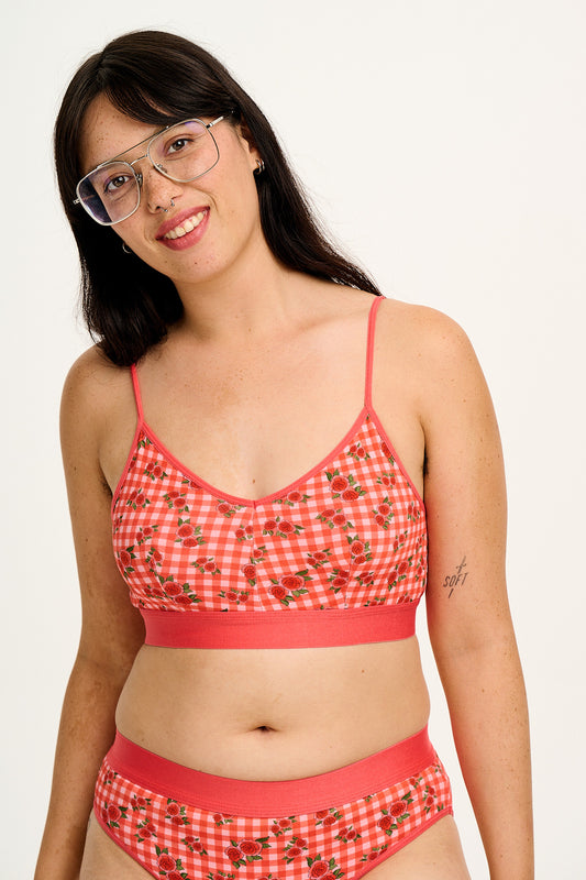 Ruby - Crop Top Cotton & Bamboo Bralette in Pink Check Rosalind Print