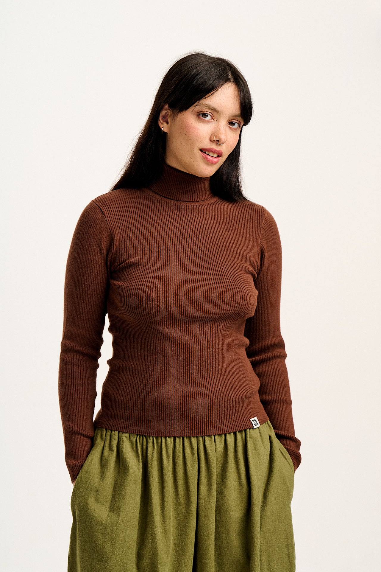 Aiden - Roll Neck Knitted Top in Mocha Brown