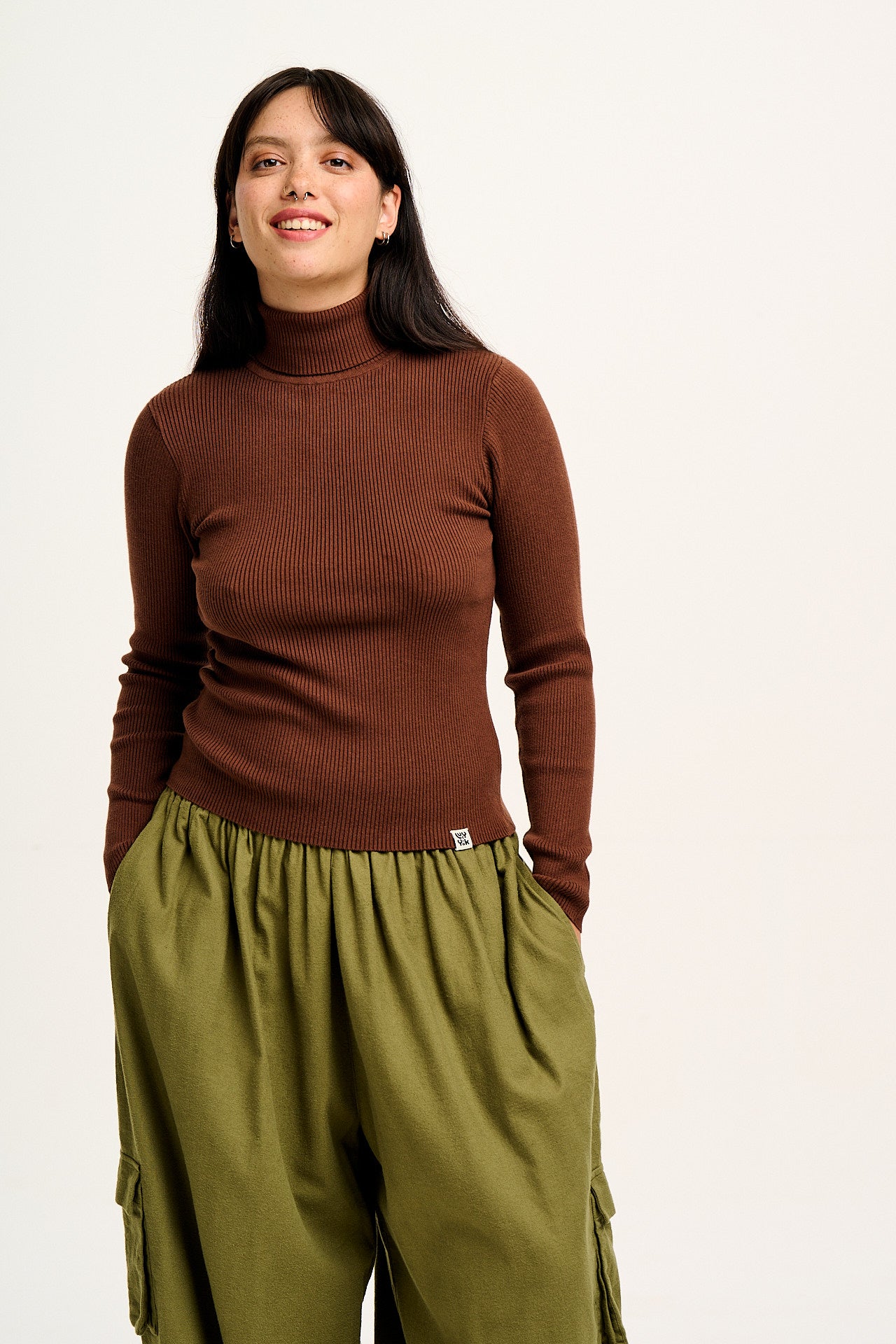 Aiden - Roll Neck Knitted Top in Mocha Brown