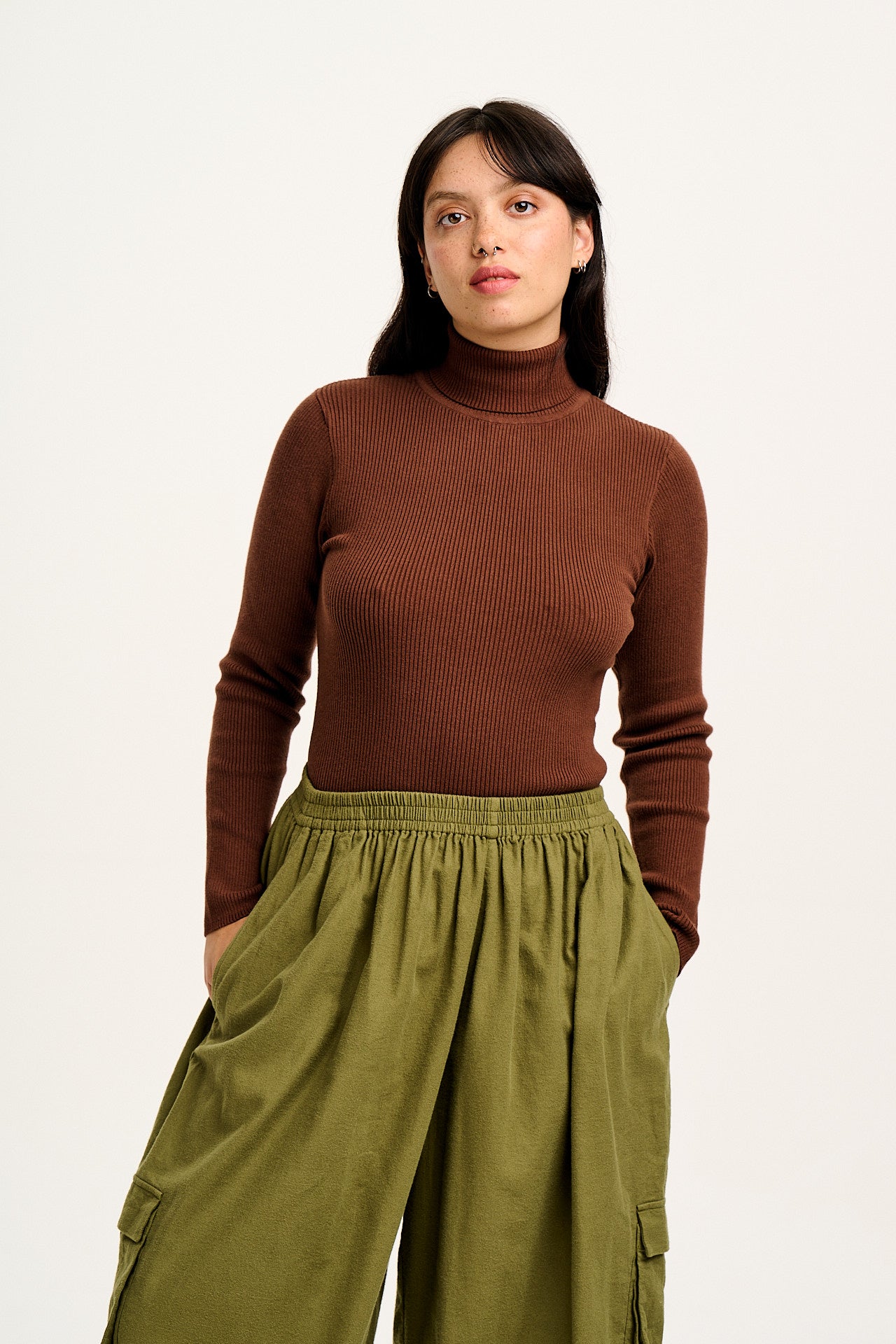 Aiden - Roll Neck Knitted Top in Mocha Brown