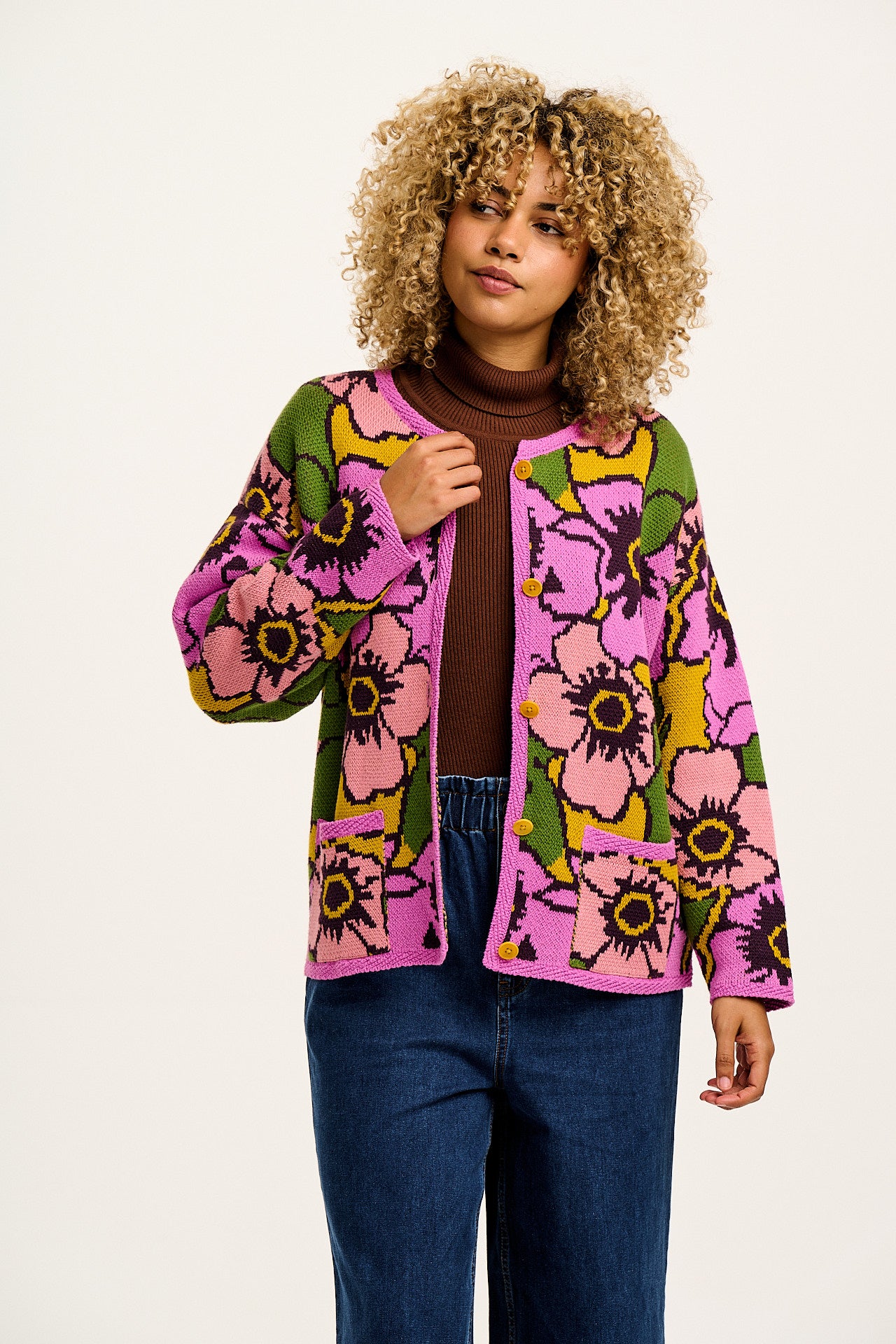 Frederika - Heavy Knit Cardigan in Purple Poppies Print