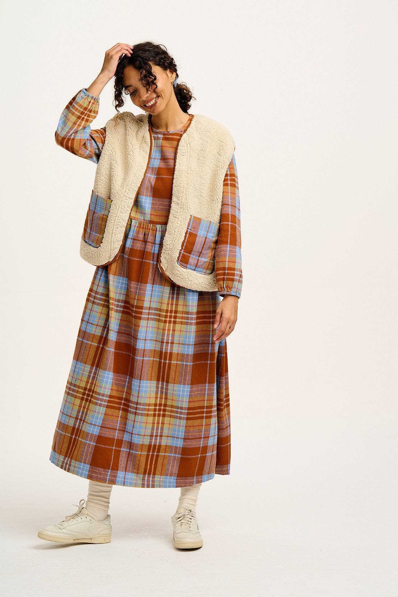 Maeve - Midi Dress in Brown & Blue Alastair Tartan Print