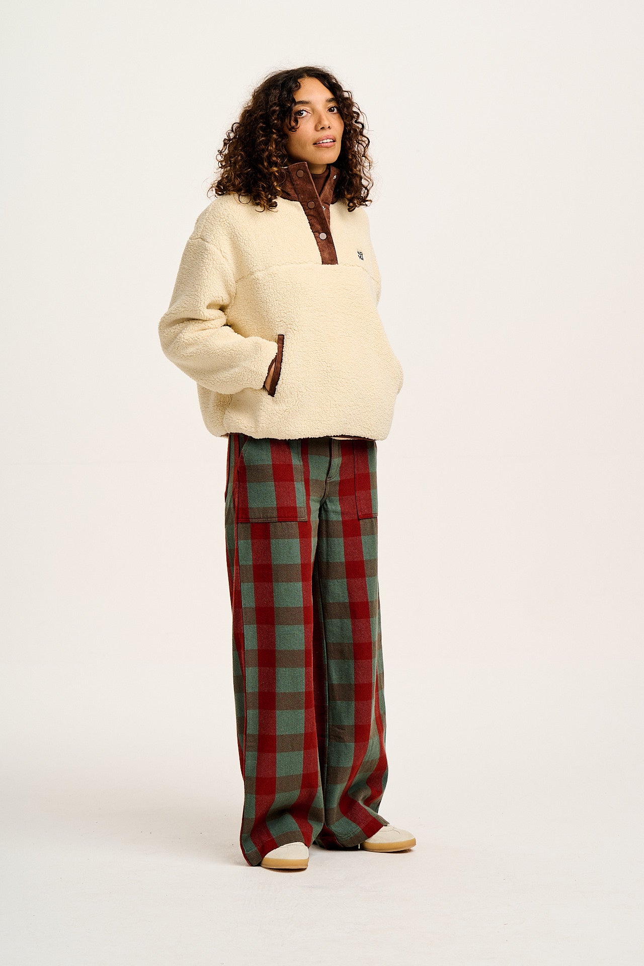 Delores - Wide Leg Twill Jeans in Green & Red Houston Tartan Print