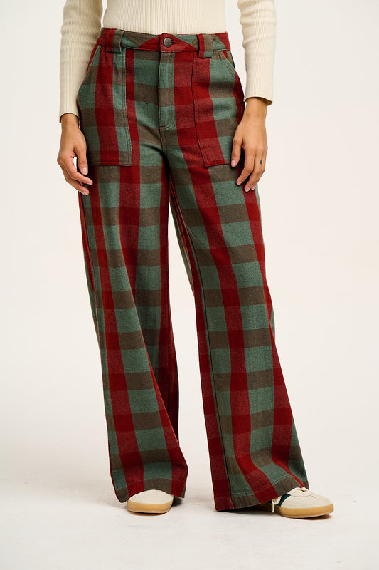 Delores - Wide Leg Twill Jeans in Green & Red Houston Tartan Print